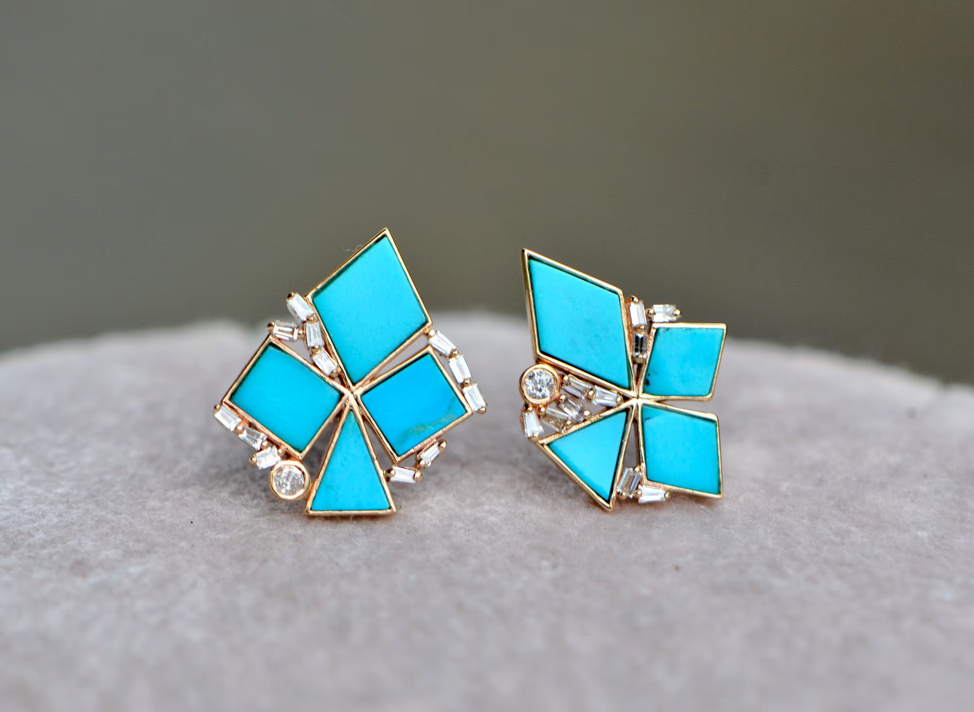 Turquoise Statement Stud Earrings with Diamonds in 14k gold : December Birthstone Jewelry