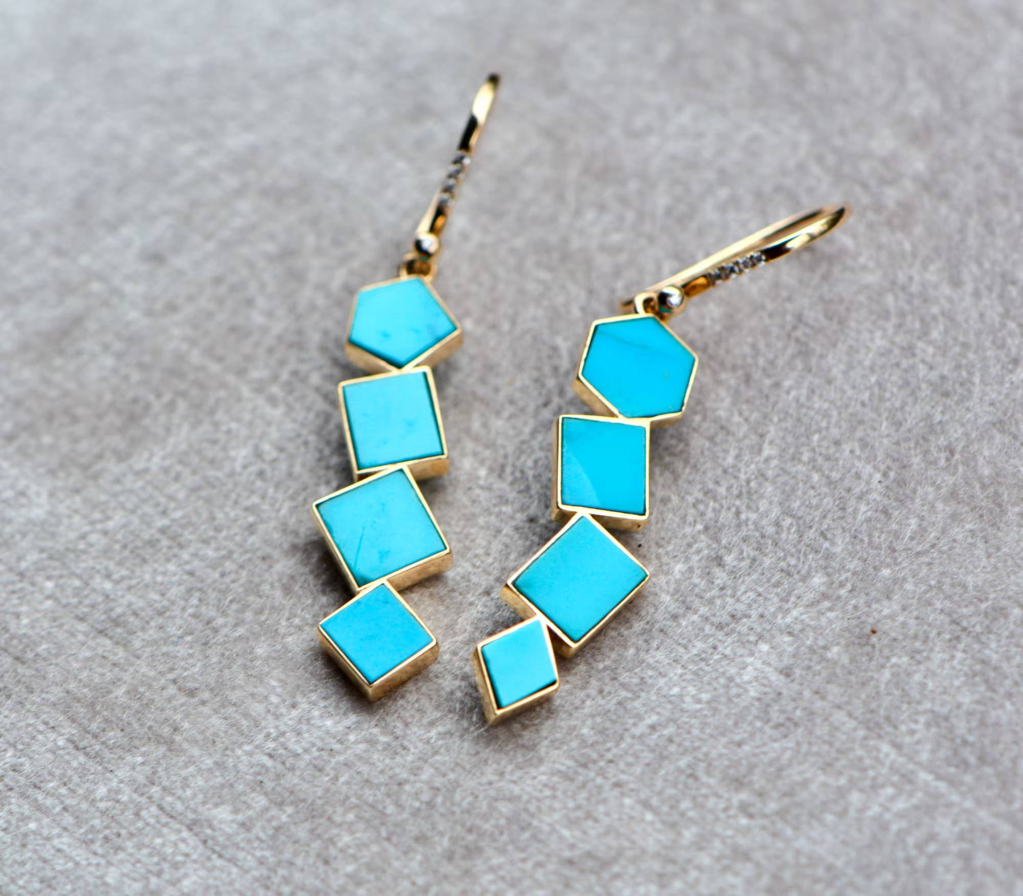 Turquoise Asymmetrical Dangly Statement Earrings for Women in Solid 14k Gold with Diamonds : December Birthstone Jewelry