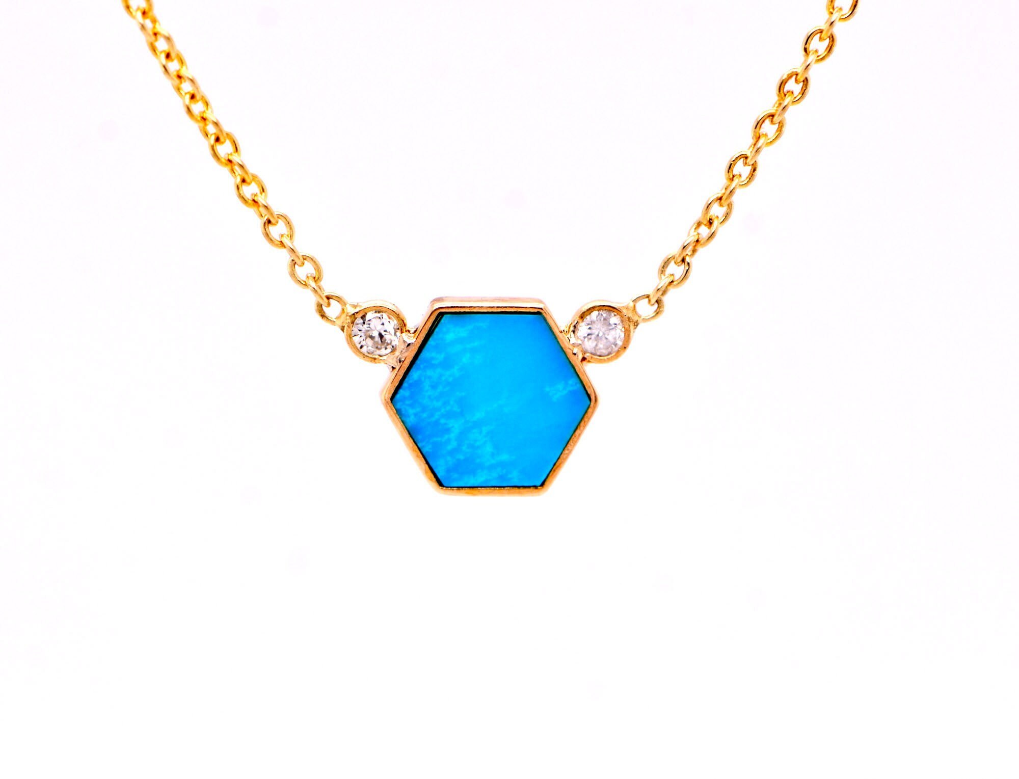 Turquoise and Diamond Hexgonal Solid 14k Gold Necklace : December Birthstone Jewelry