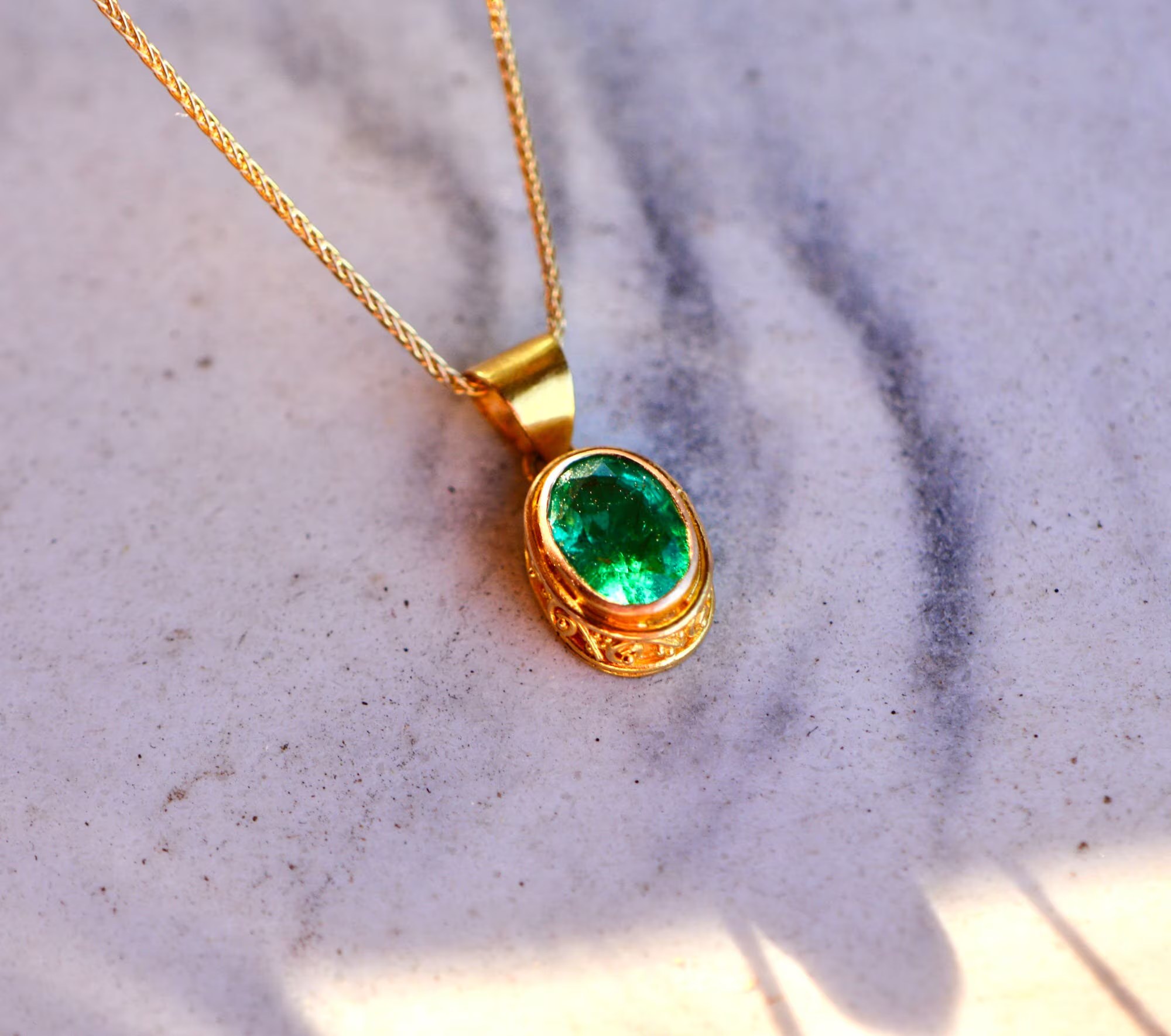 Zambian Emerald Necklace 18k Gold : Oval Green Gemstone May Birthstone Pendant