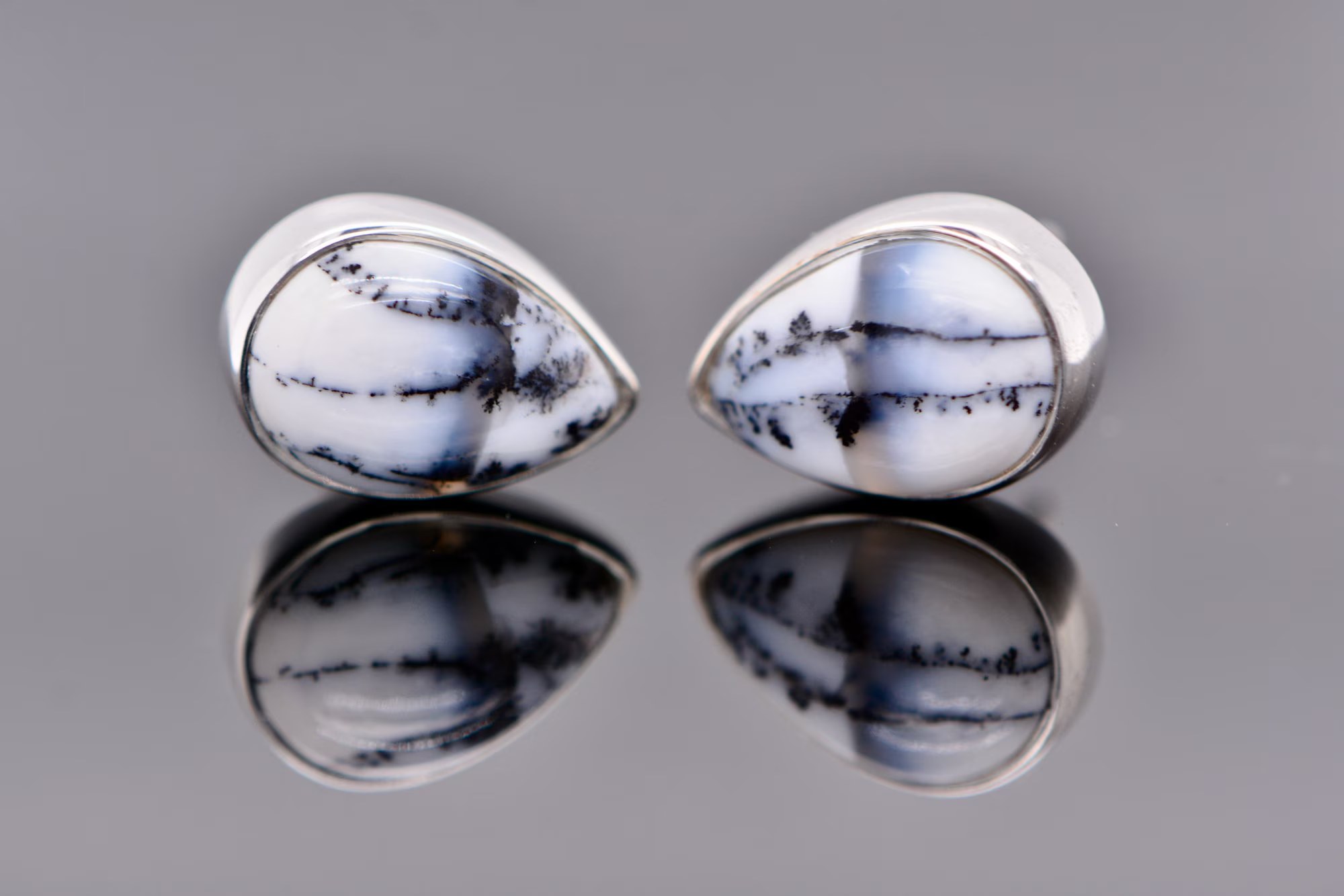 Dendritic Agate Teardrop Cabochon Sterling Silver Stud Earrings : Statement Earrings