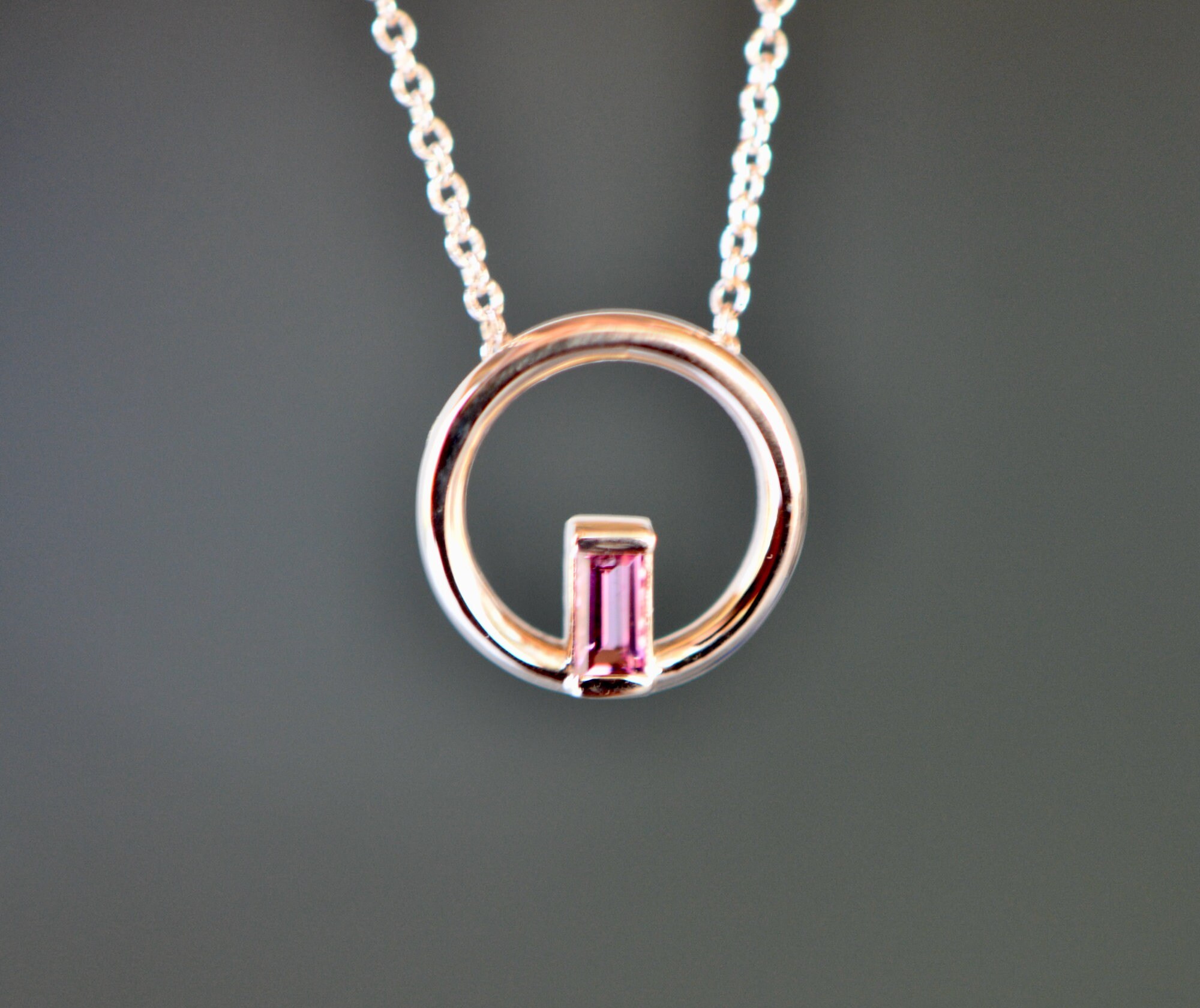 Pink Tourmaline Baguette Circle Necklace 14k Gold : October Birthstone Jewelry, detail view