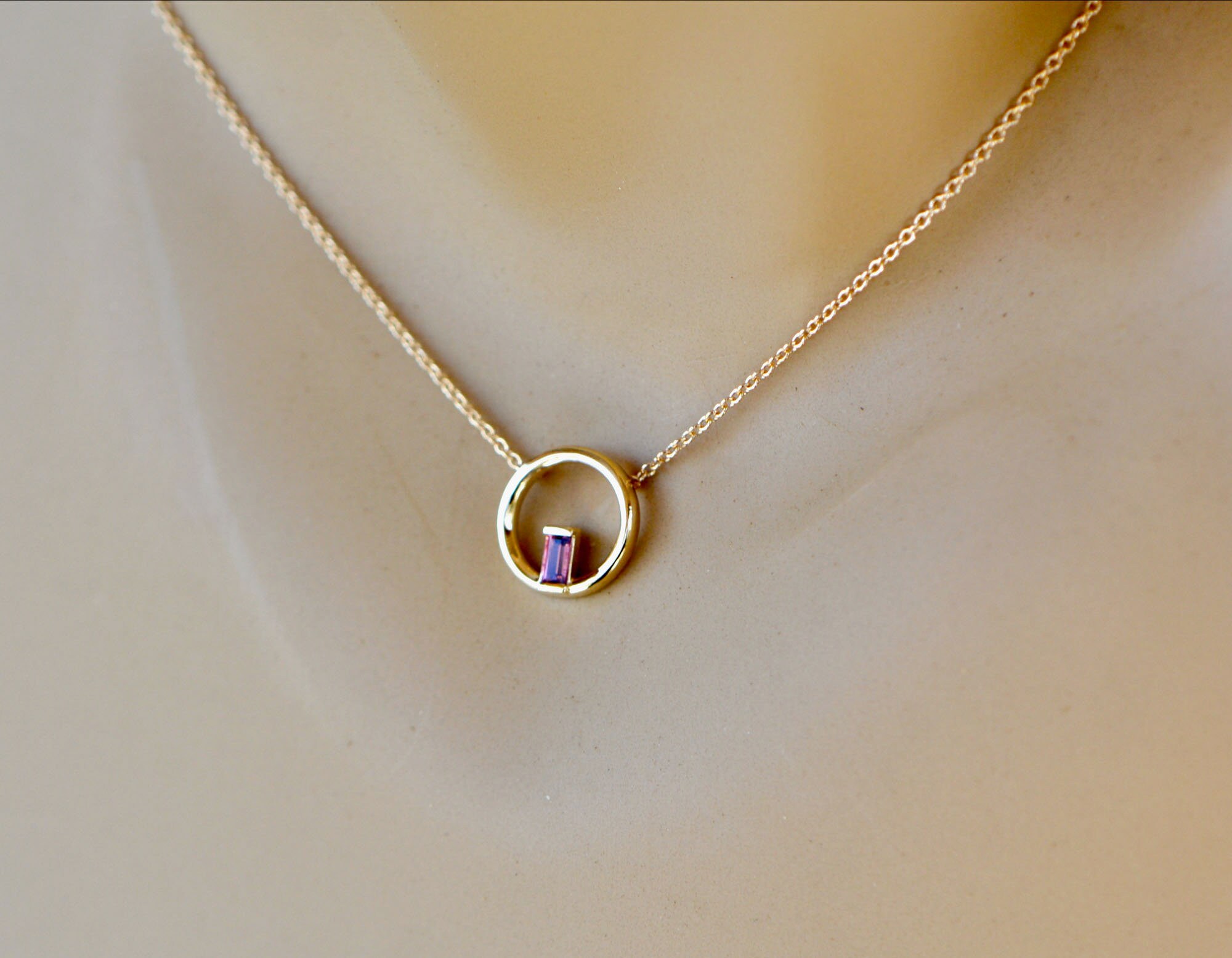 Pink Tourmaline Baguette Circle Necklace 14k Gold : October Birthstone Jewelry, detail view