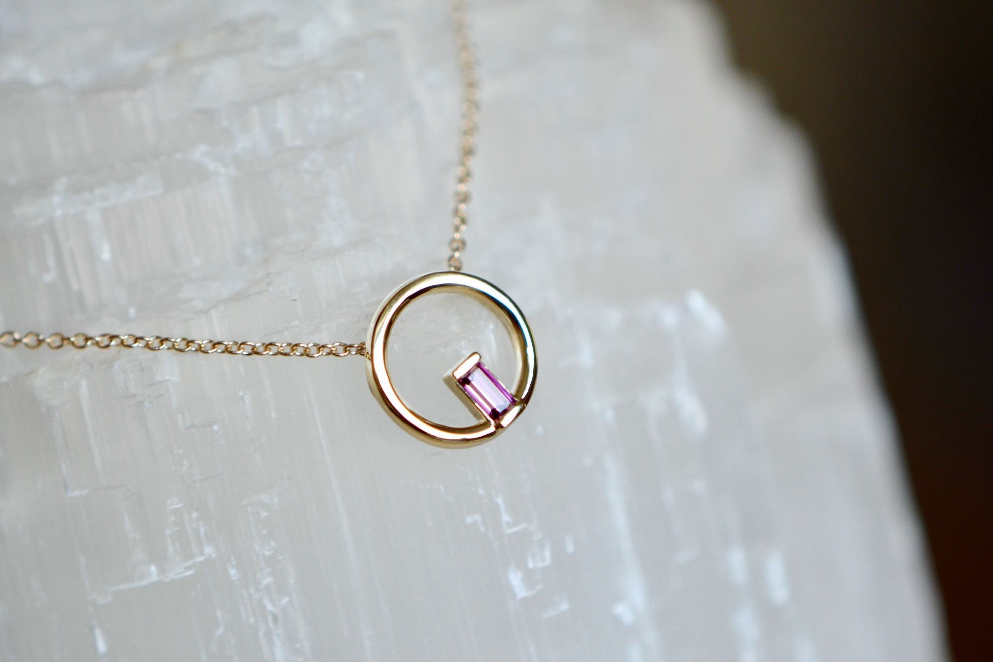 Pink Tourmaline Baguette Circle Necklace 14k Gold : October Birthstone Jewelry