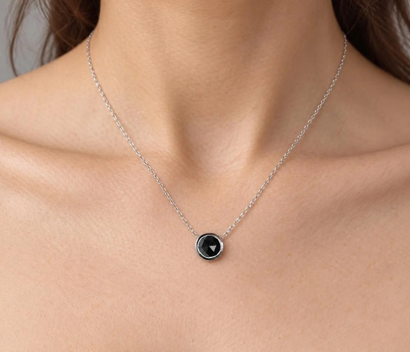 Rose Cut Black Diamond 14k White Gold Solitaire Necklace,, worn view
