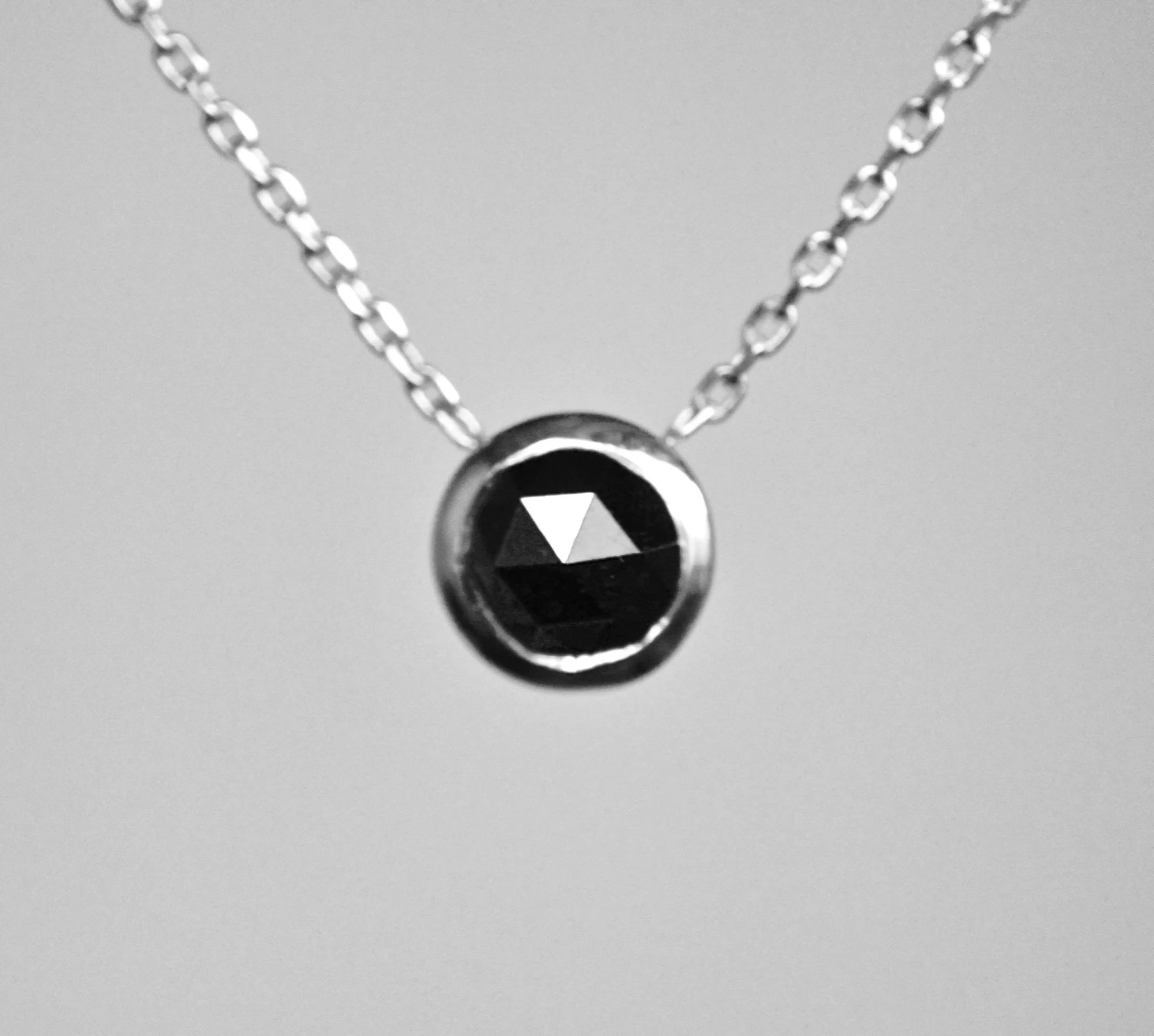 Rose Cut Black Diamond 14k White Gold Solitaire Necklace,, detail view