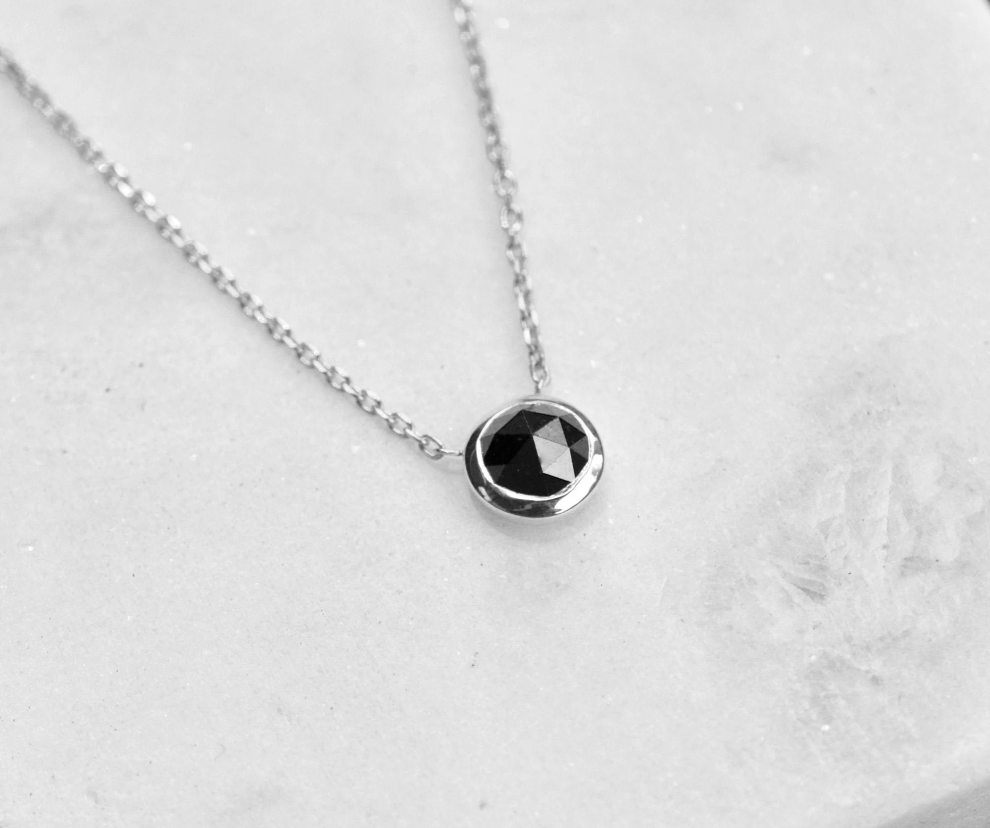 Rose Cut Black Diamond 14k White Gold Solitaire Necklace,