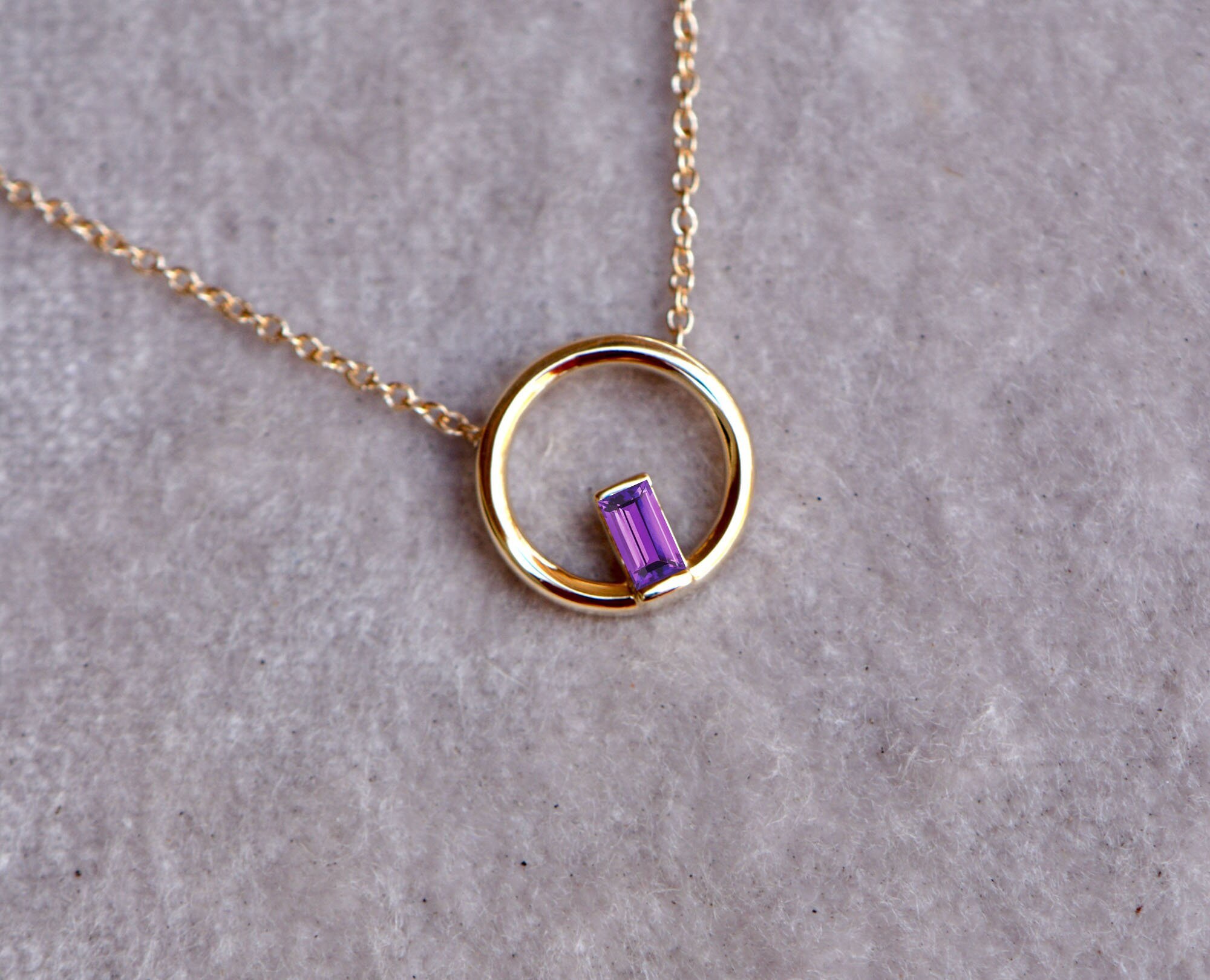 Amethyst Baguette Circle Necklace 14k Gold : February Birthstone Jewelry