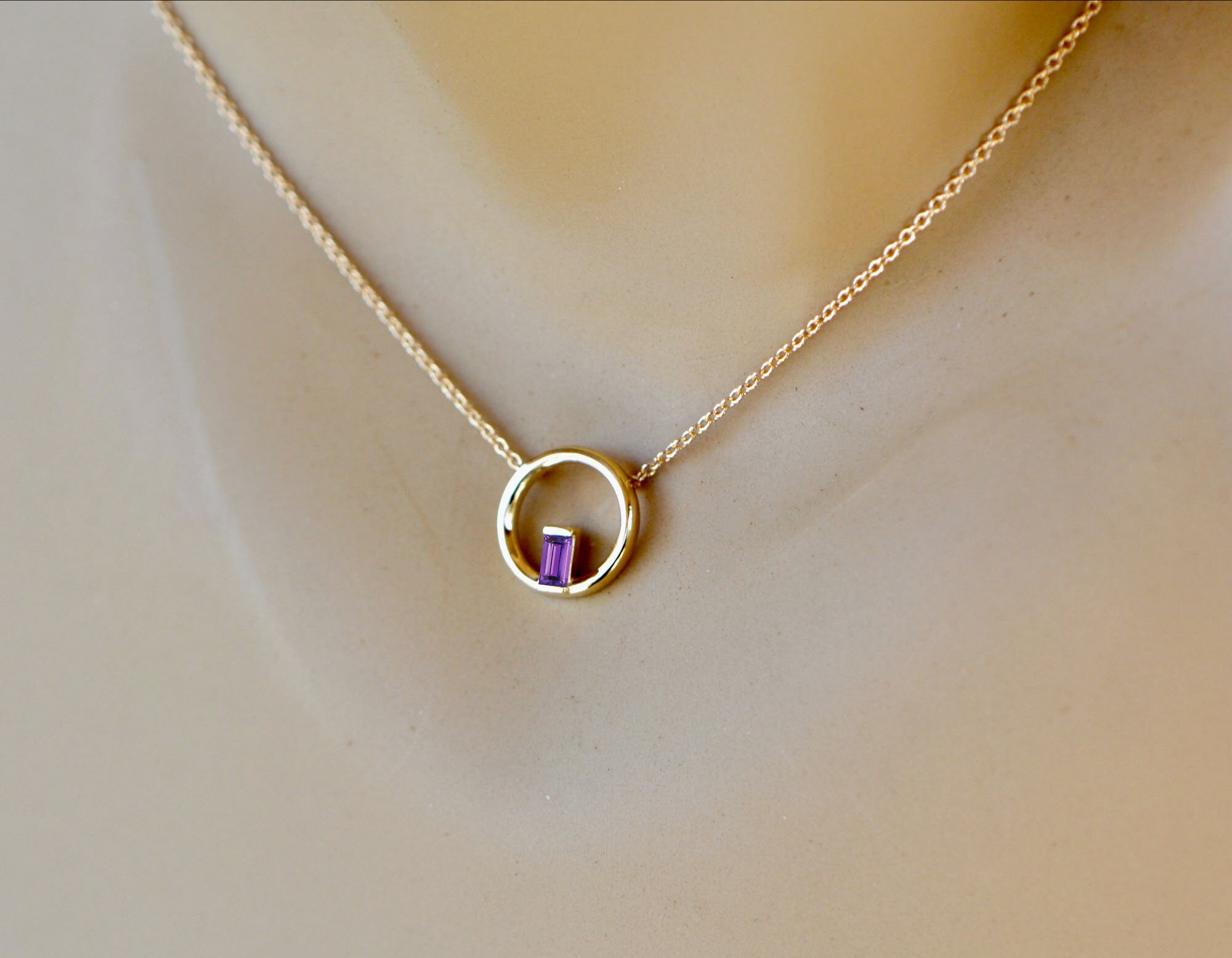 Amethyst Baguette Circle Necklace 14k Gold : February Birthstone Jewelry, detail view