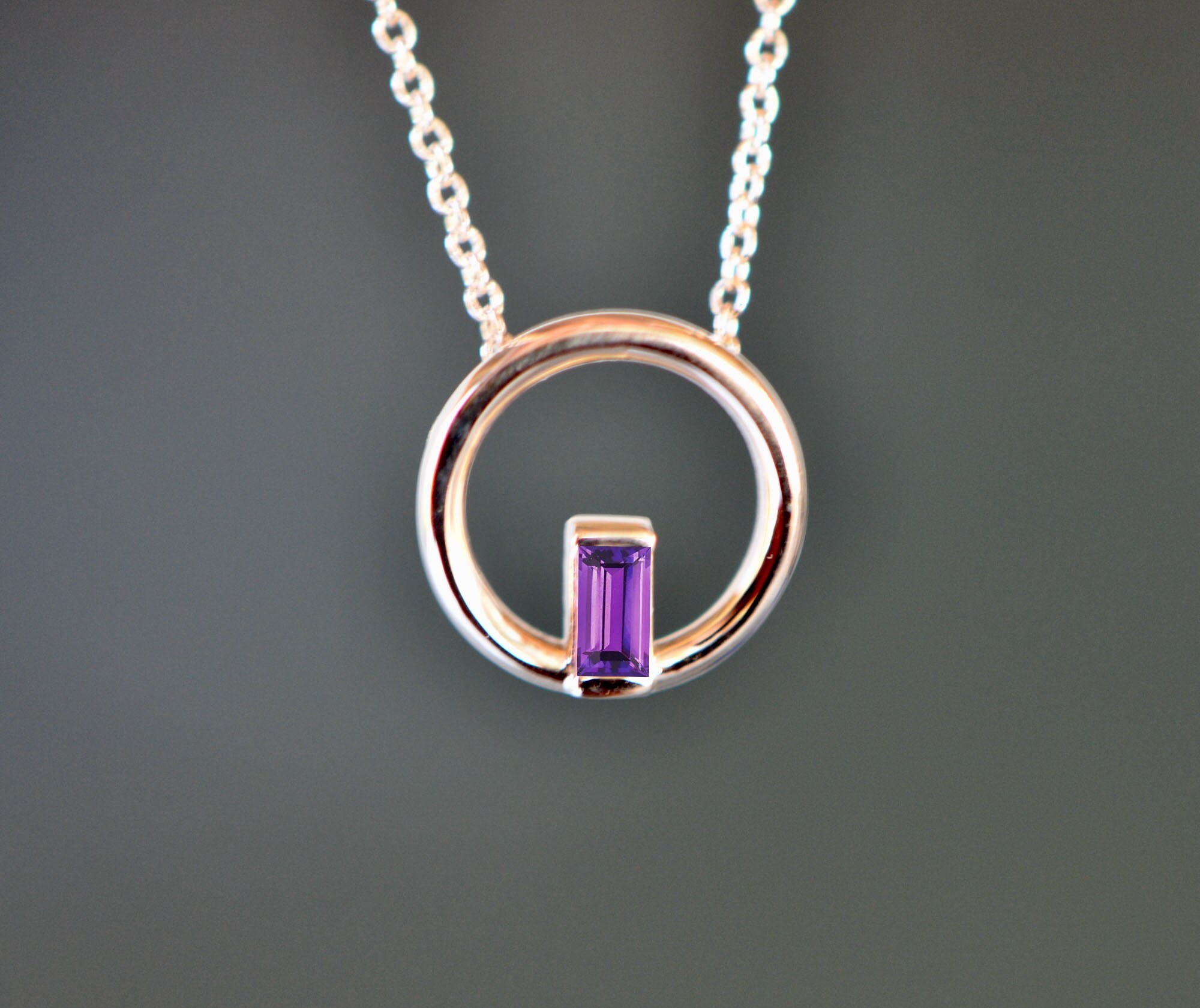 Amethyst Baguette Circle Necklace 14k Gold : February Birthstone Jewelry, detail view