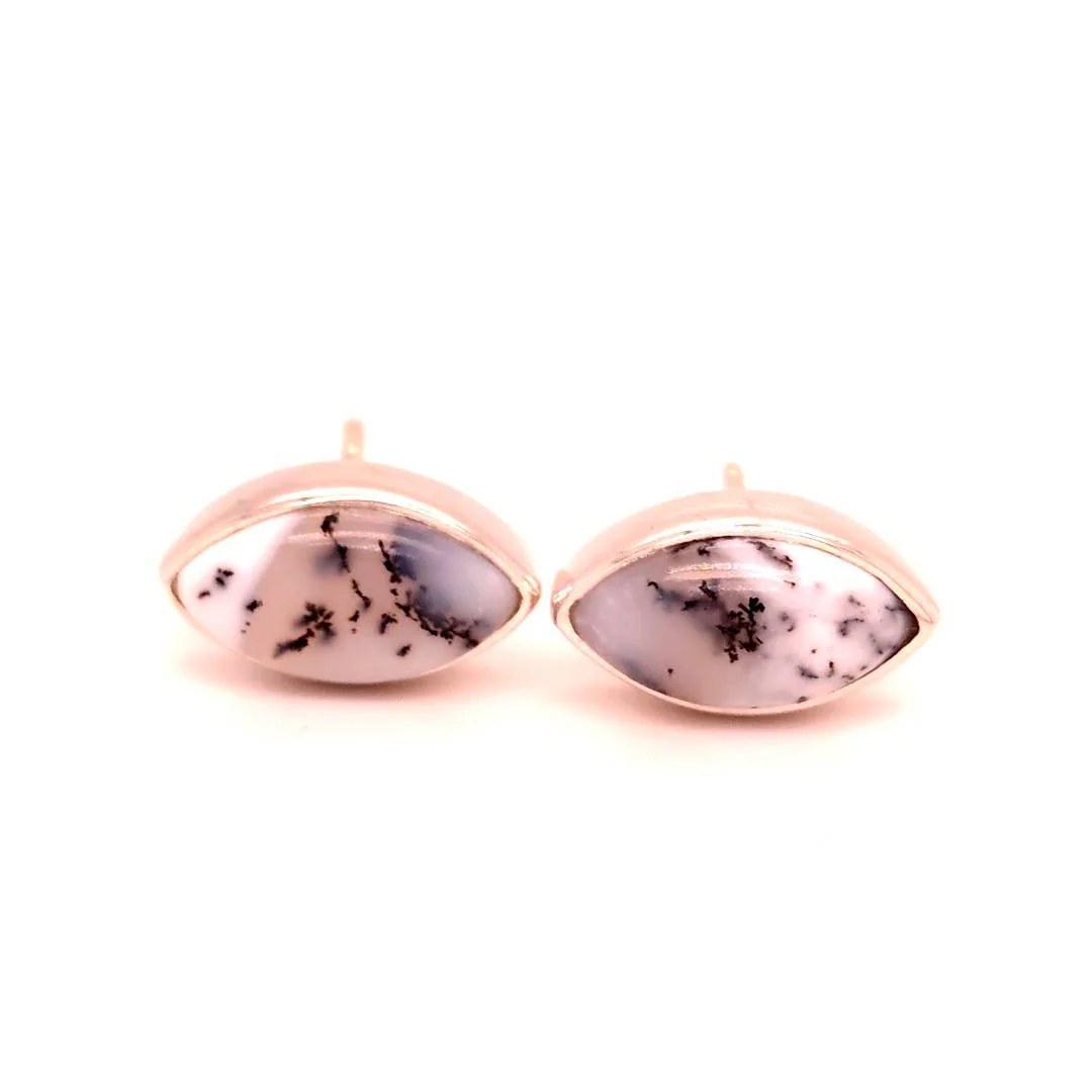 Dendritic Agate Marquise Cabochon Sterling Silver Stud Earrings, Handmade Jewelry, Statement Earrings, Gift Wife, Everyday Earrings for Her, detail view