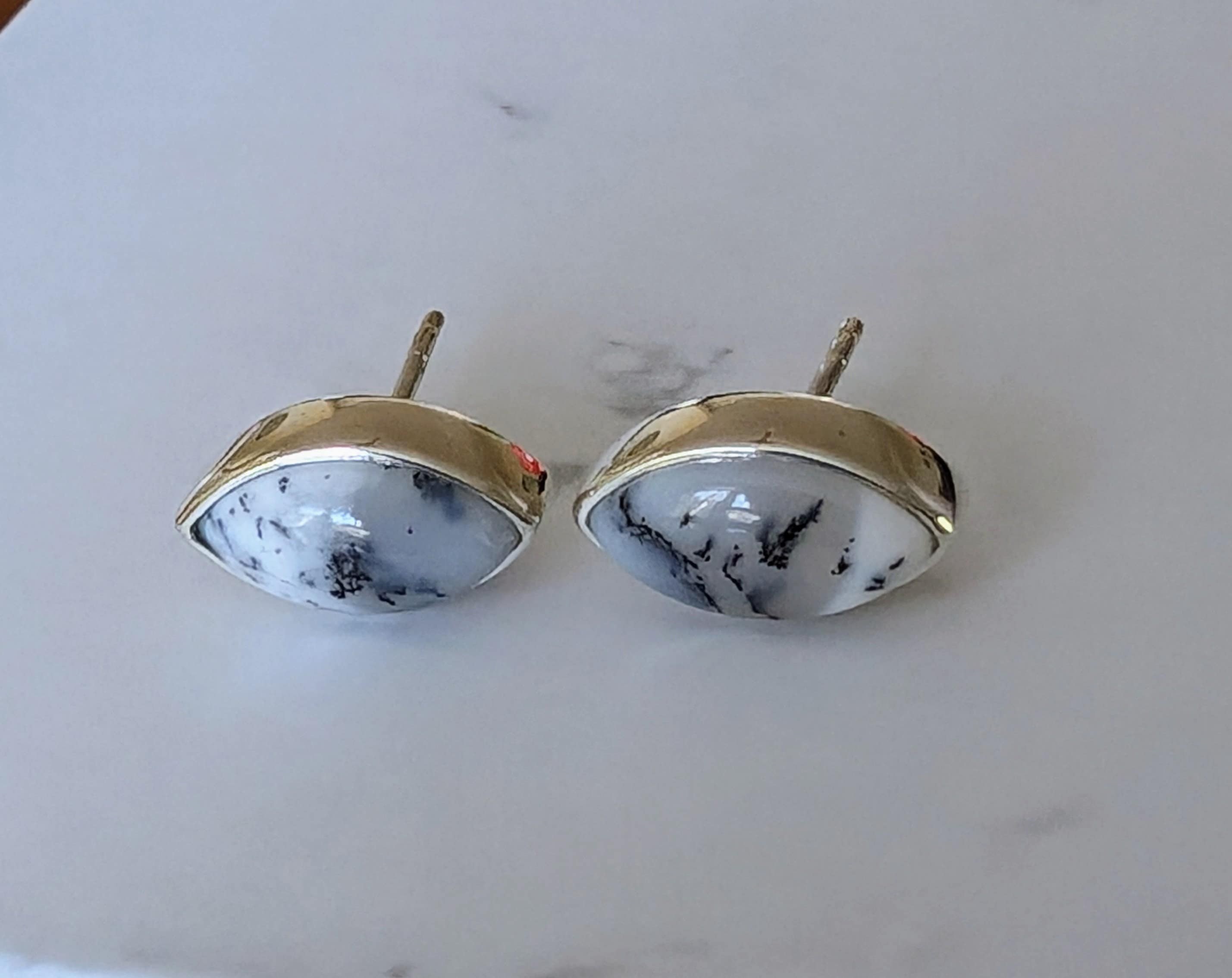 Dendritic Agate Marquise Cabochon Sterling Silver Stud Earrings, Handmade Jewelry, Statement Earrings, Gift Wife, Everyday Earrings for Her, detail view