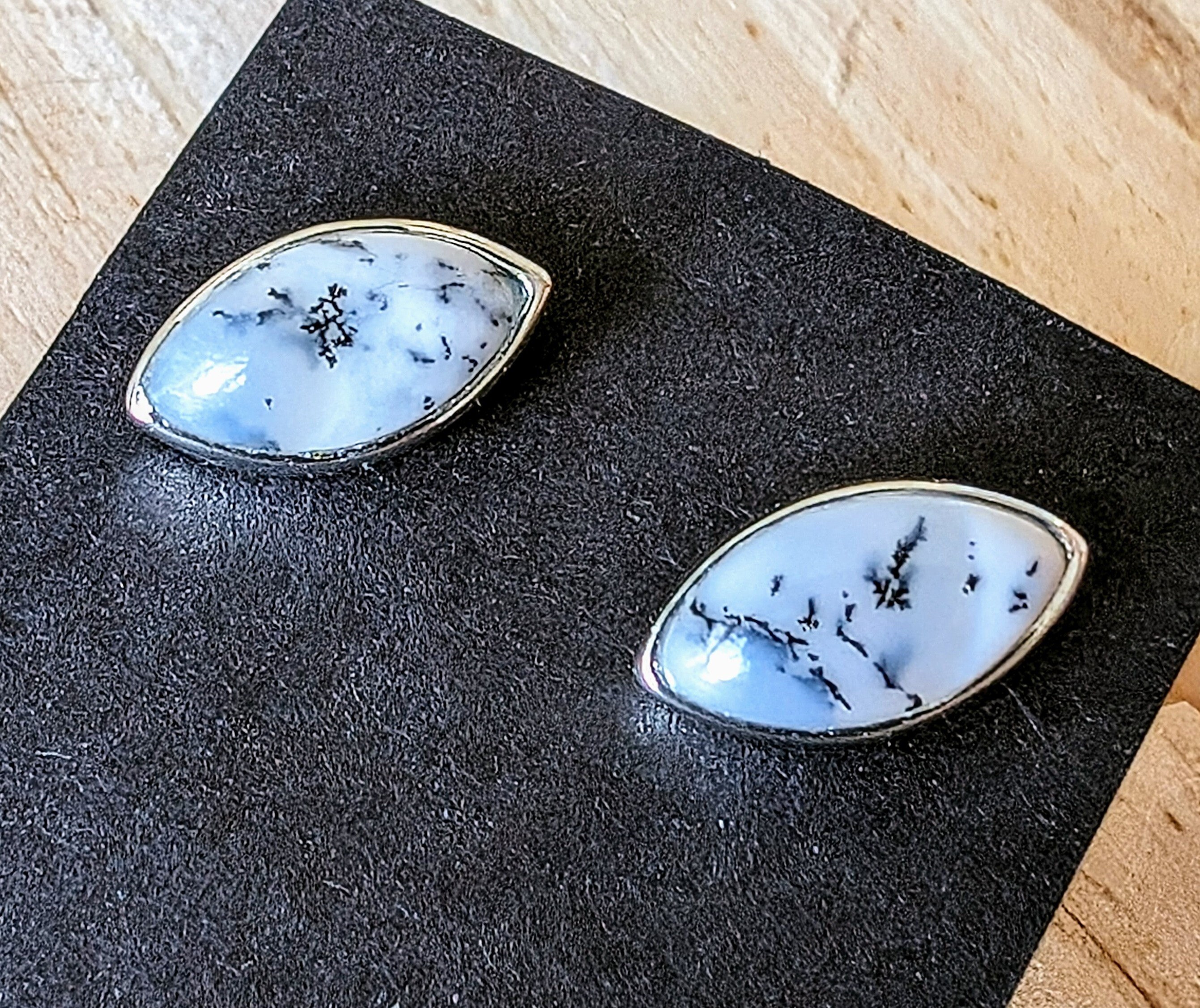 Dendritic Agate Marquise Cabochon Sterling Silver Stud Earrings, Handmade Jewelry, Statement Earrings, Gift Wife, Everyday Earrings for Her