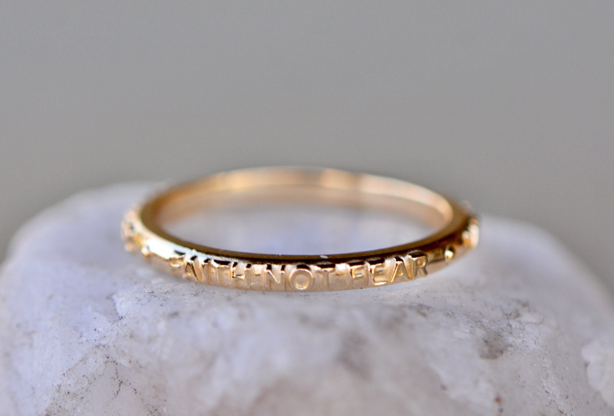 Faith Over Fear Solid 14k Gold Stackable Ring for Women : Simple Positive Message Everyday Jewelry