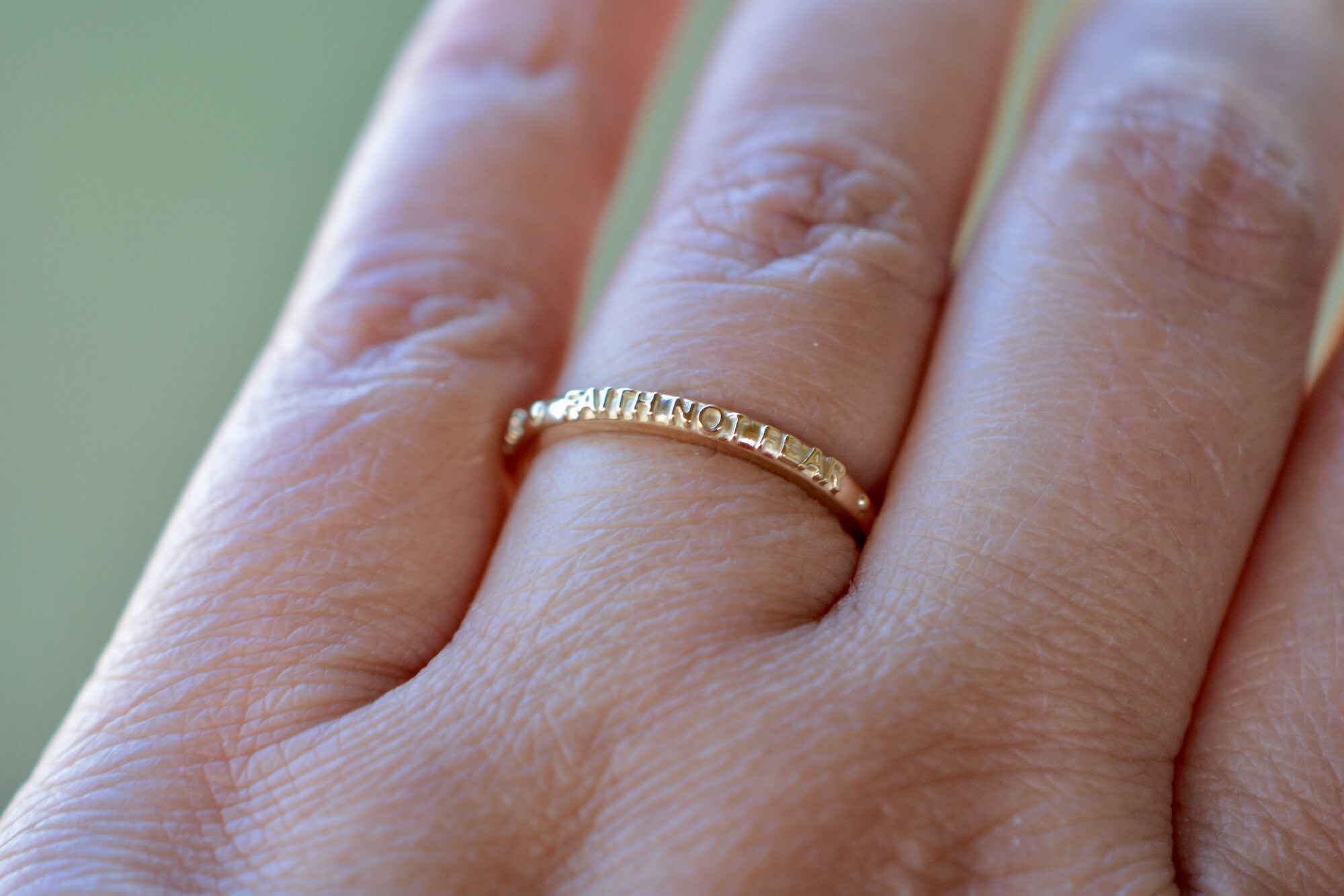 Faith Over Fear Solid 14k Gold Stackable Ring for Women : Simple Positive Message Everyday Jewelry, worn view