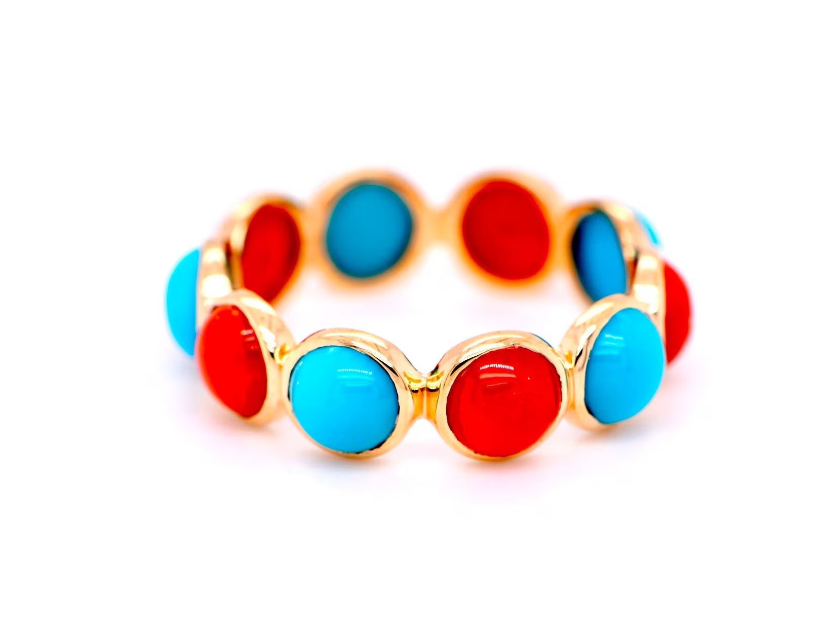 Sleeping Beauty Turquoise and Italian Coral 18kt Gold Eternity Ring : December Birthstone