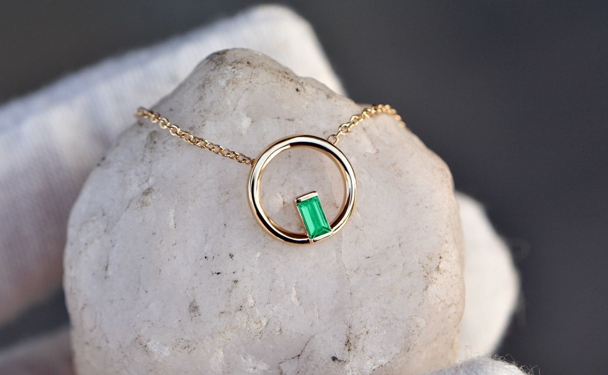 Emerald Baguette Circle Necklace 14k Gold, Green Gemstone Minimalist Layering Necklace, Gift for Women, May Birthstone Jewelry Gift for Her