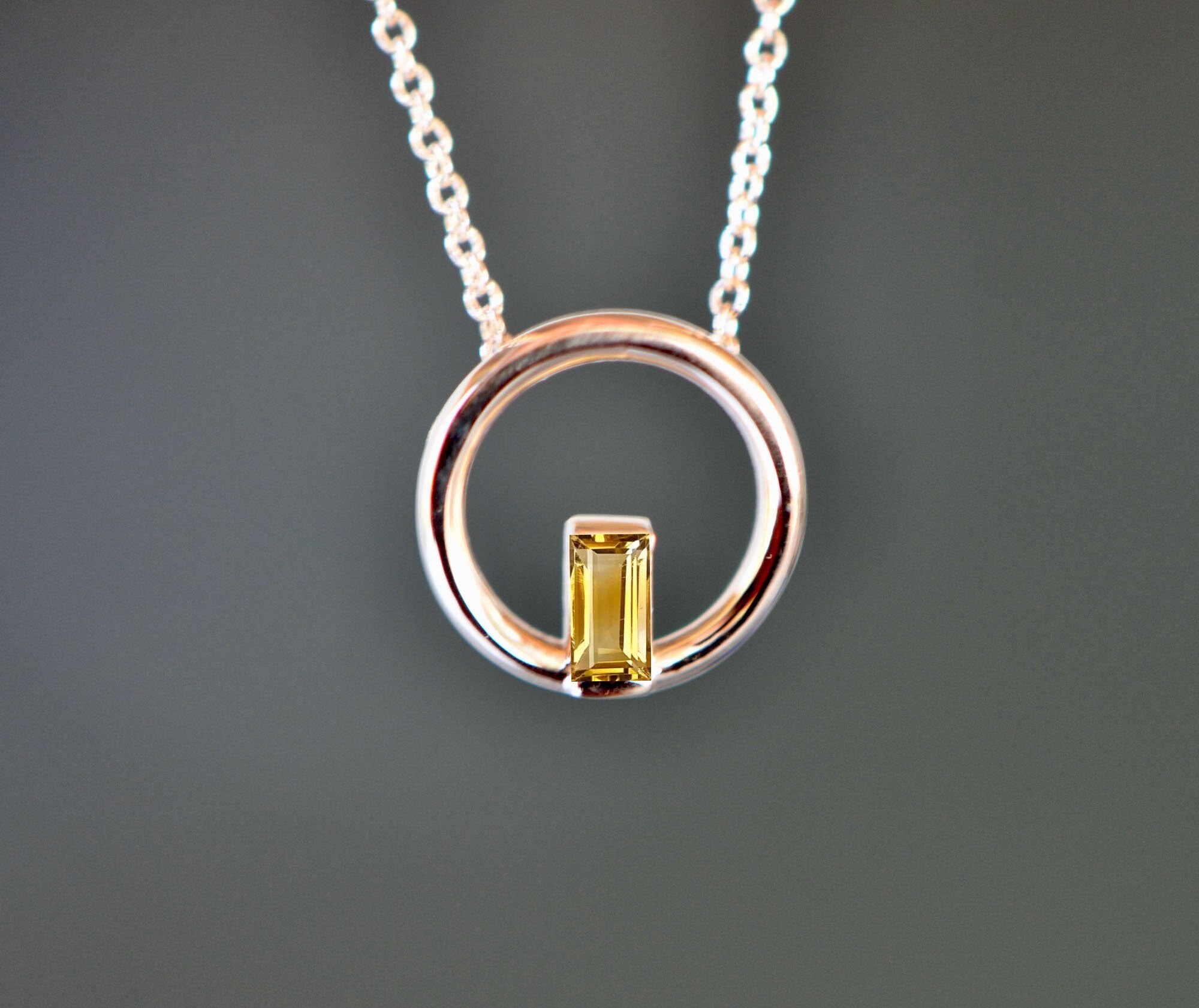 Citrine Baguette Circle Necklace Solid 14k Gold : November Birthstone Jewelry, detail view