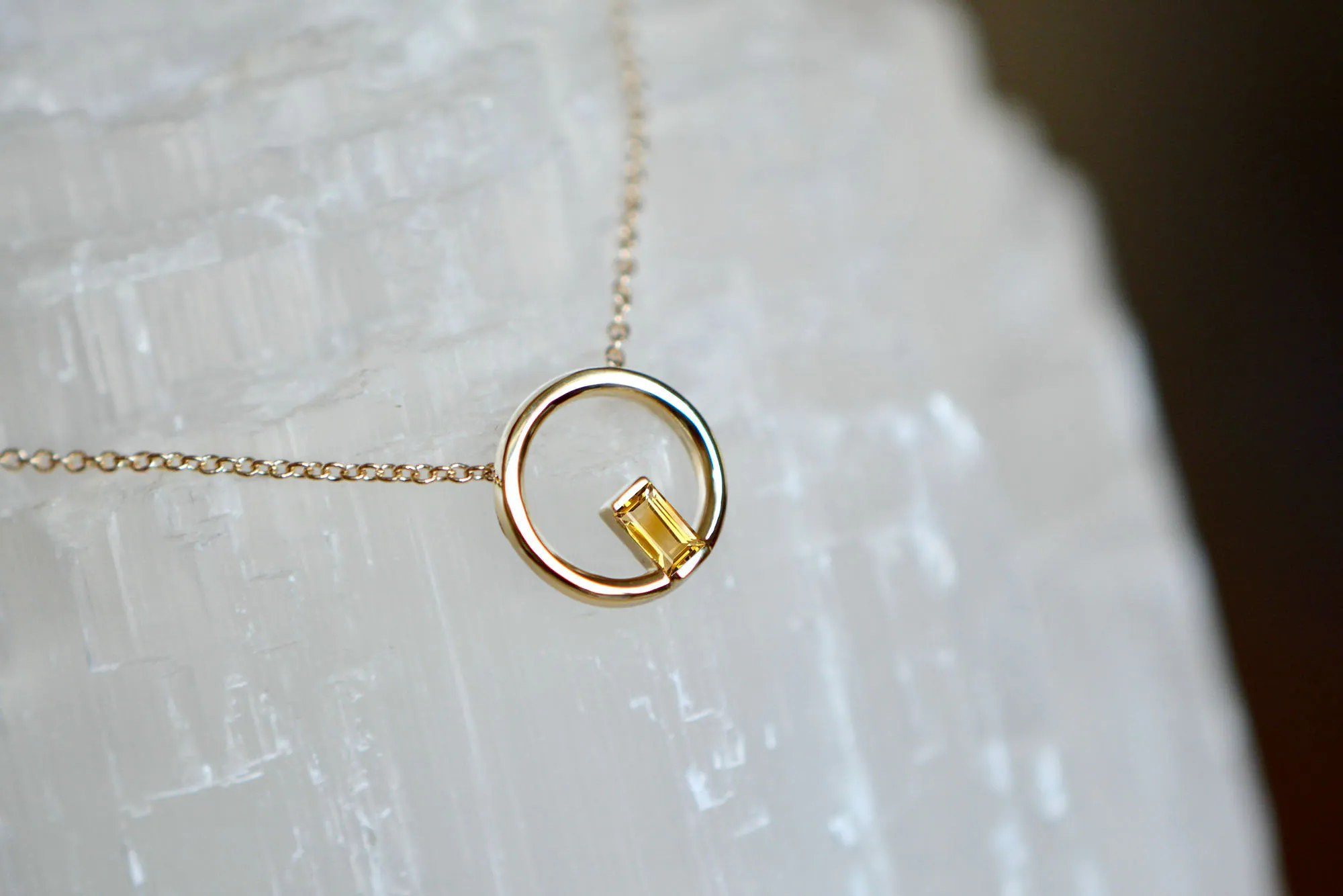 Citrine Baguette Circle Necklace Solid 14k Gold : November Birthstone Jewelry, detail view