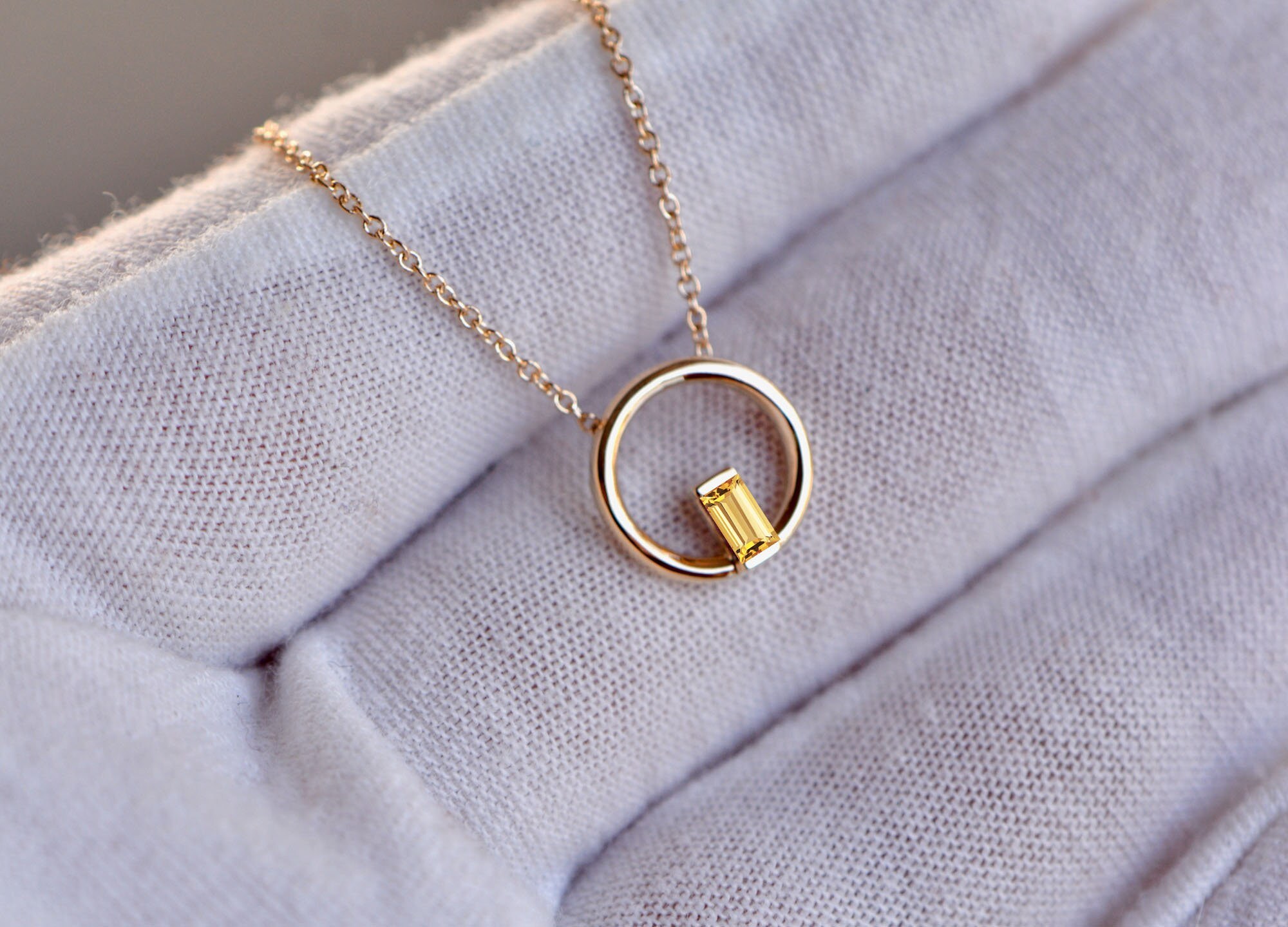 Citrine Baguette Circle Necklace Solid 14k Gold : November Birthstone Jewelry