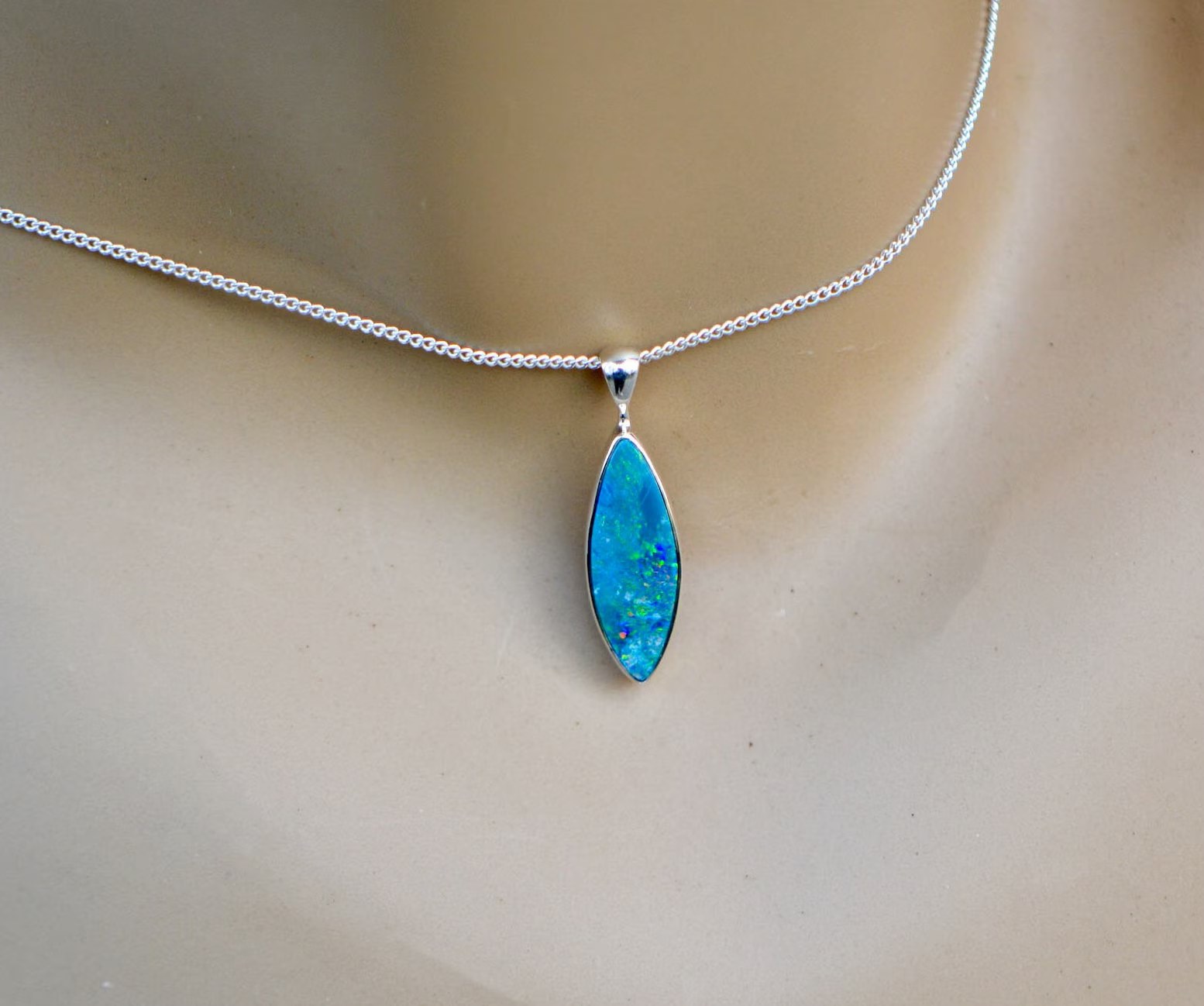 Blue Opal Minimalist Pendant Sterling Silver : October Birthstone Jewelry