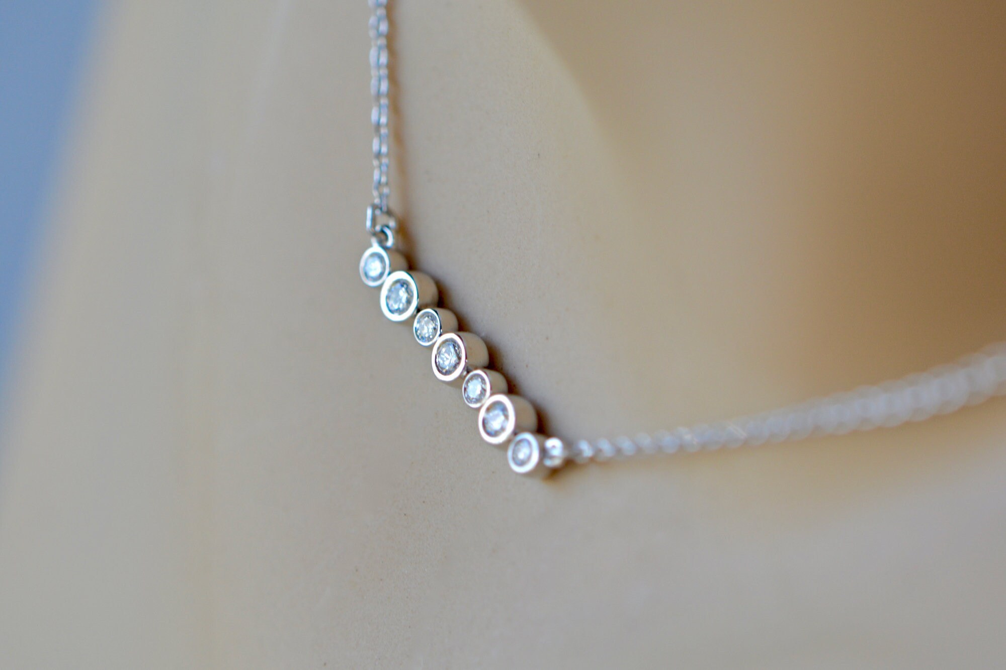 Natural Diamond Bezel Bar Necklace 14k White Gold : Minimalist Wedding Necklace for Women