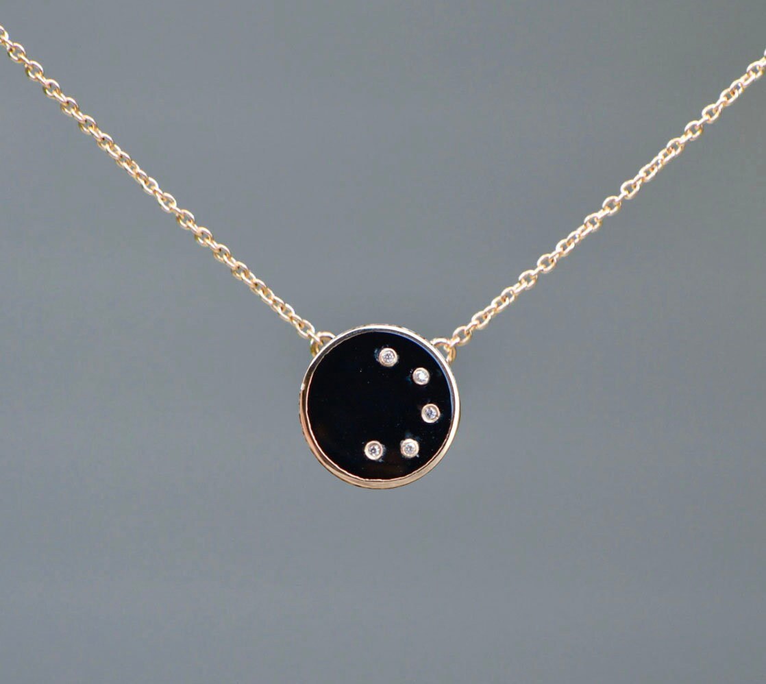 Black Spinel Diamond 14k Gold Pendant Necklace, August Birthstone, detail view