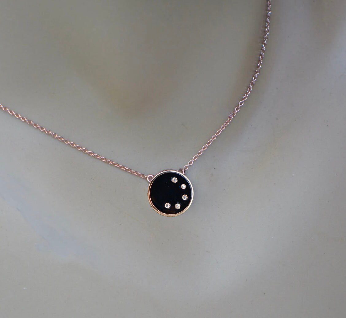 Black Spinel Diamond 14k Gold Pendant Necklace, August Birthstone, detail view