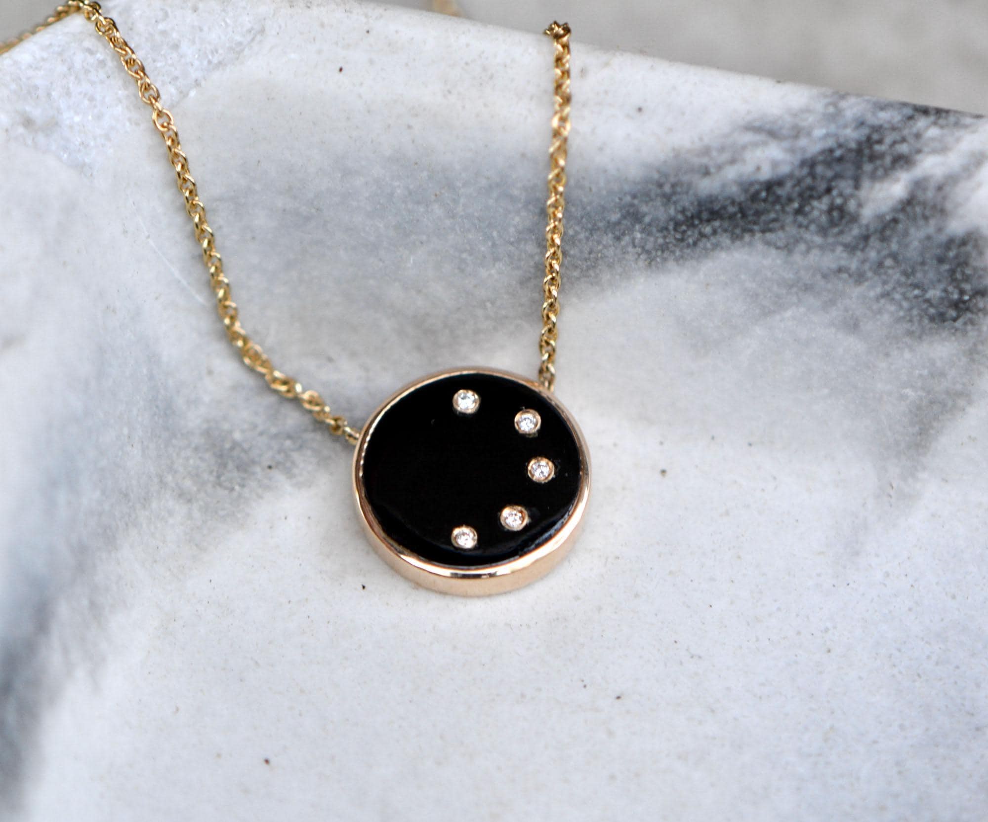 Black Spinel Diamond 14k Gold Pendant Necklace, August Birthstone