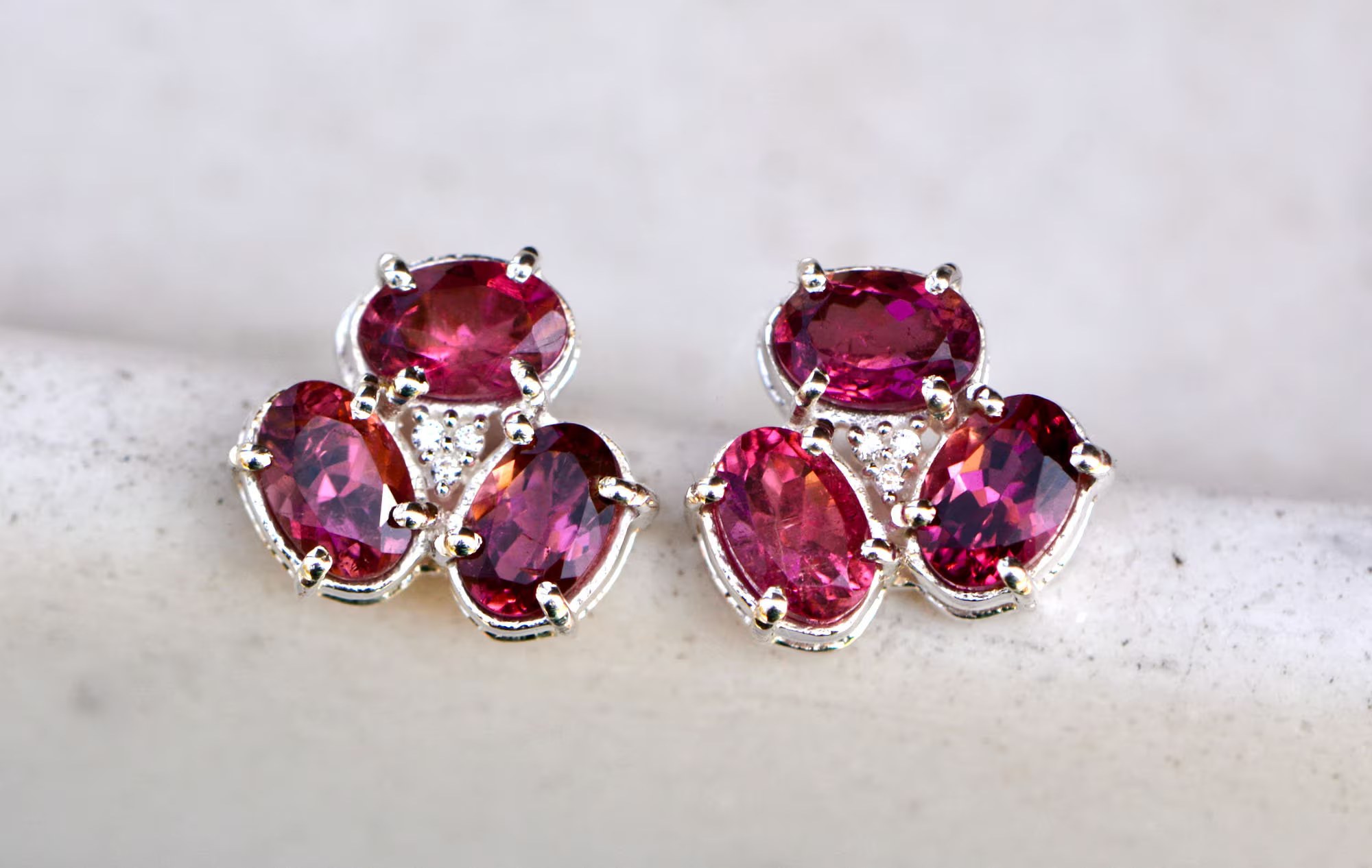 Pink Tourmaline Floral Cluster Earrings with White Topaz in Sterling Silver : October Birthstone Jewelry