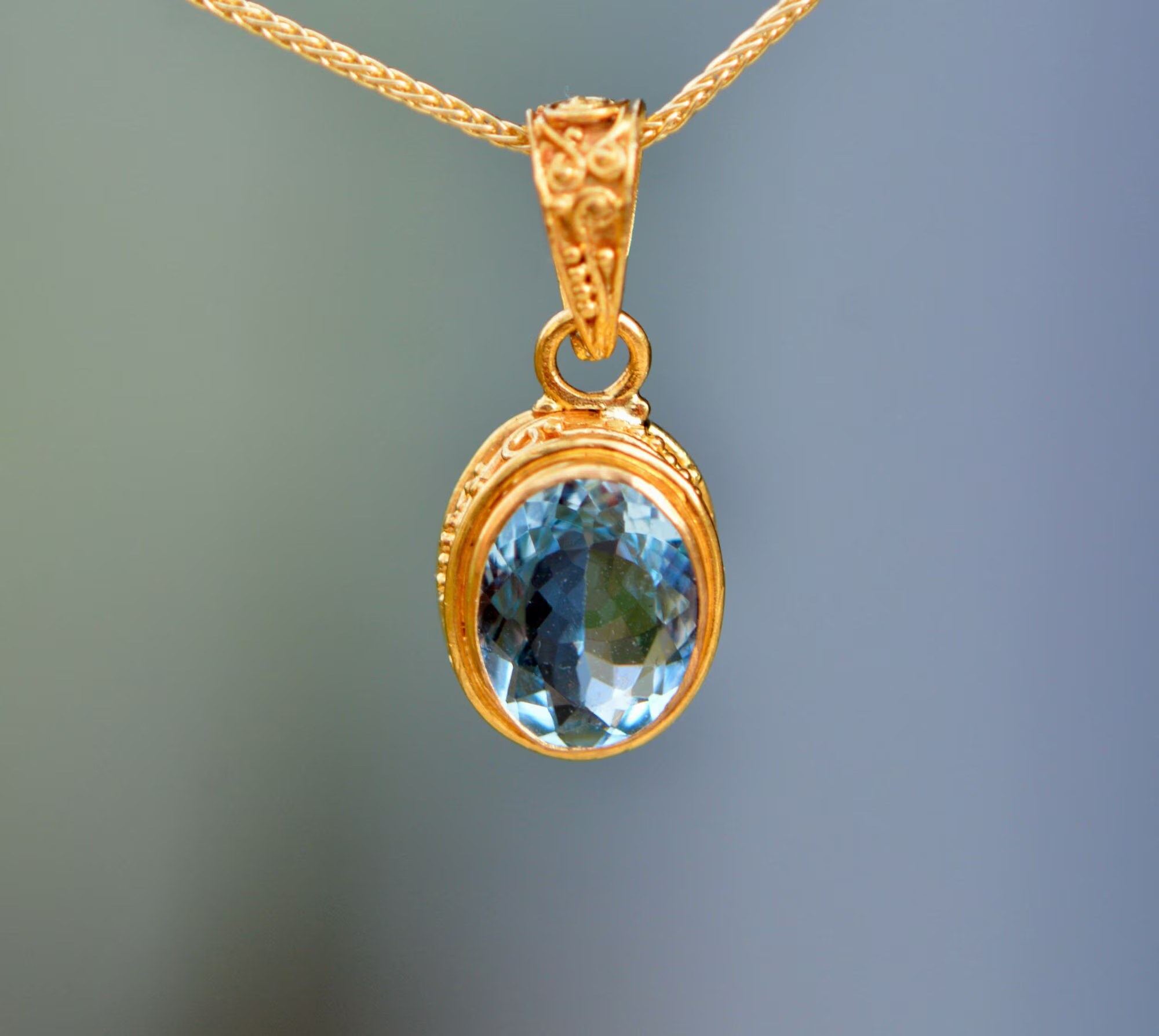 Aquamarine AAA 1 ct Oval Necklace Solid 18k Gold : March Birthstone Pendant