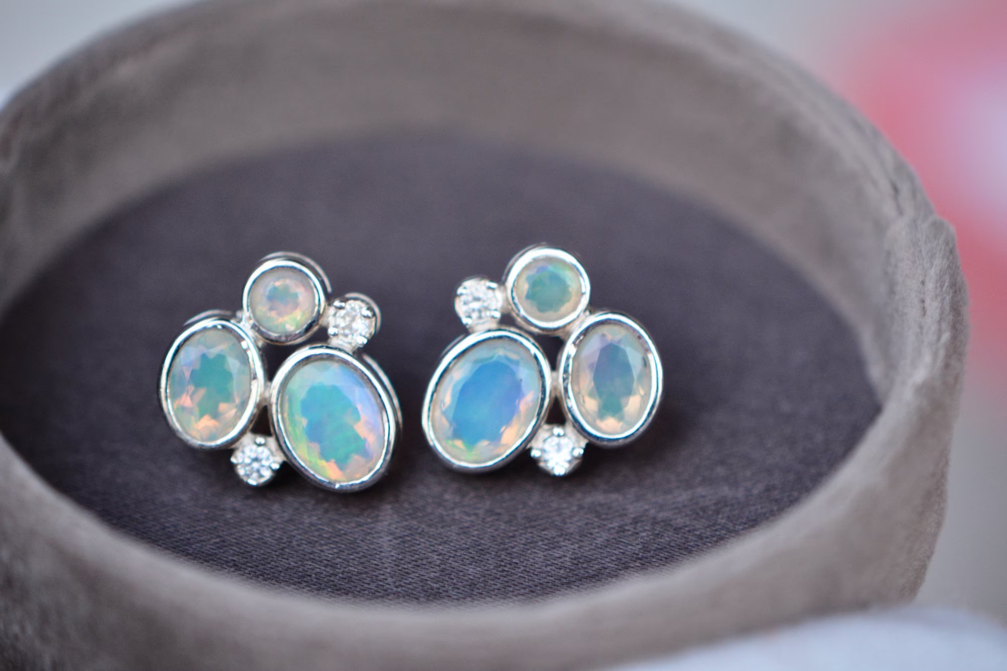 Natural Ethiopian Opal Statement Stud Earrings Sterling Silver with White Topaz : October Birthstone Jewelry