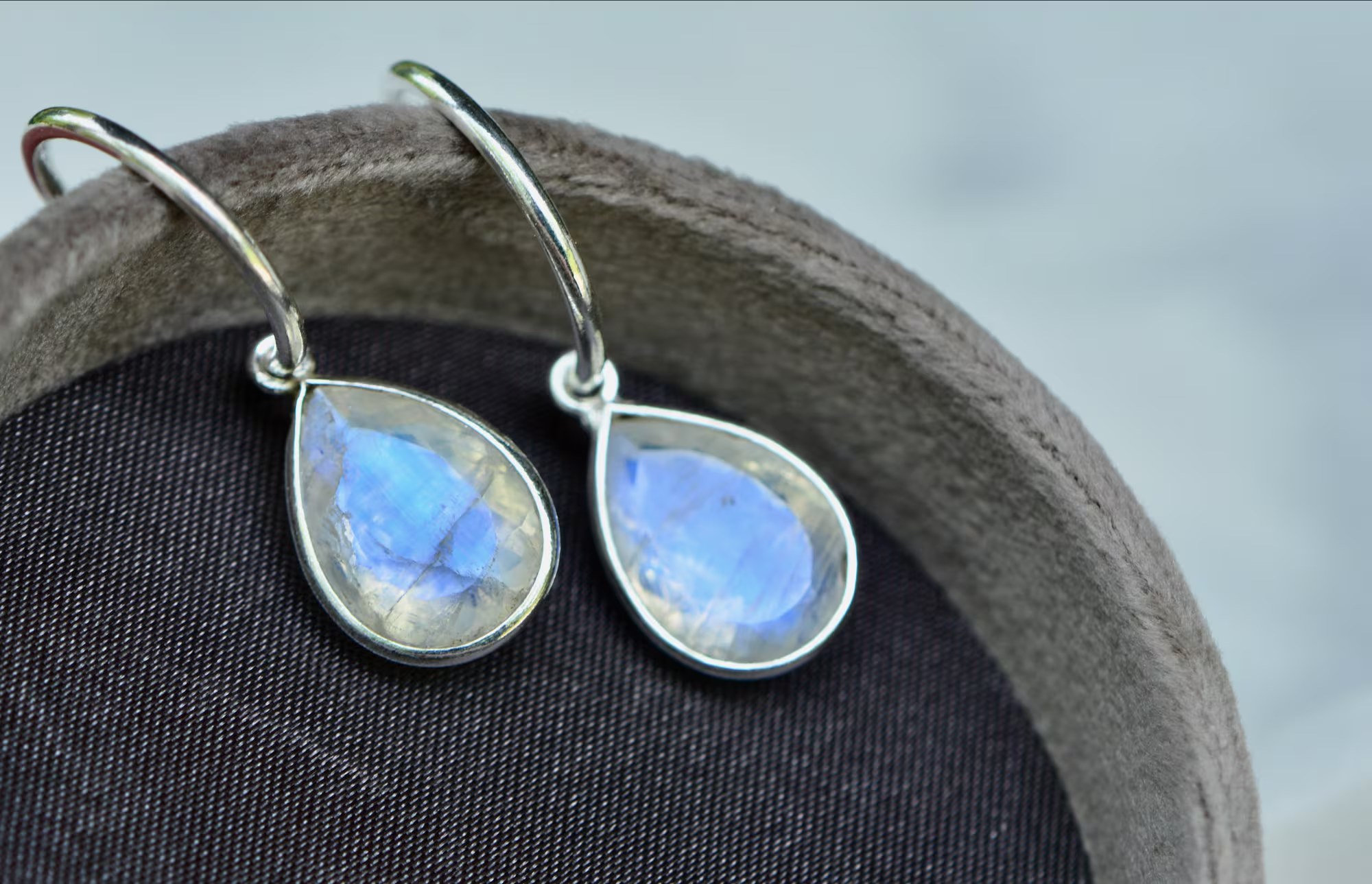 Blue Moonstone Teardrop Hoop Earrings: Sterling Silver Convertible Jewelry