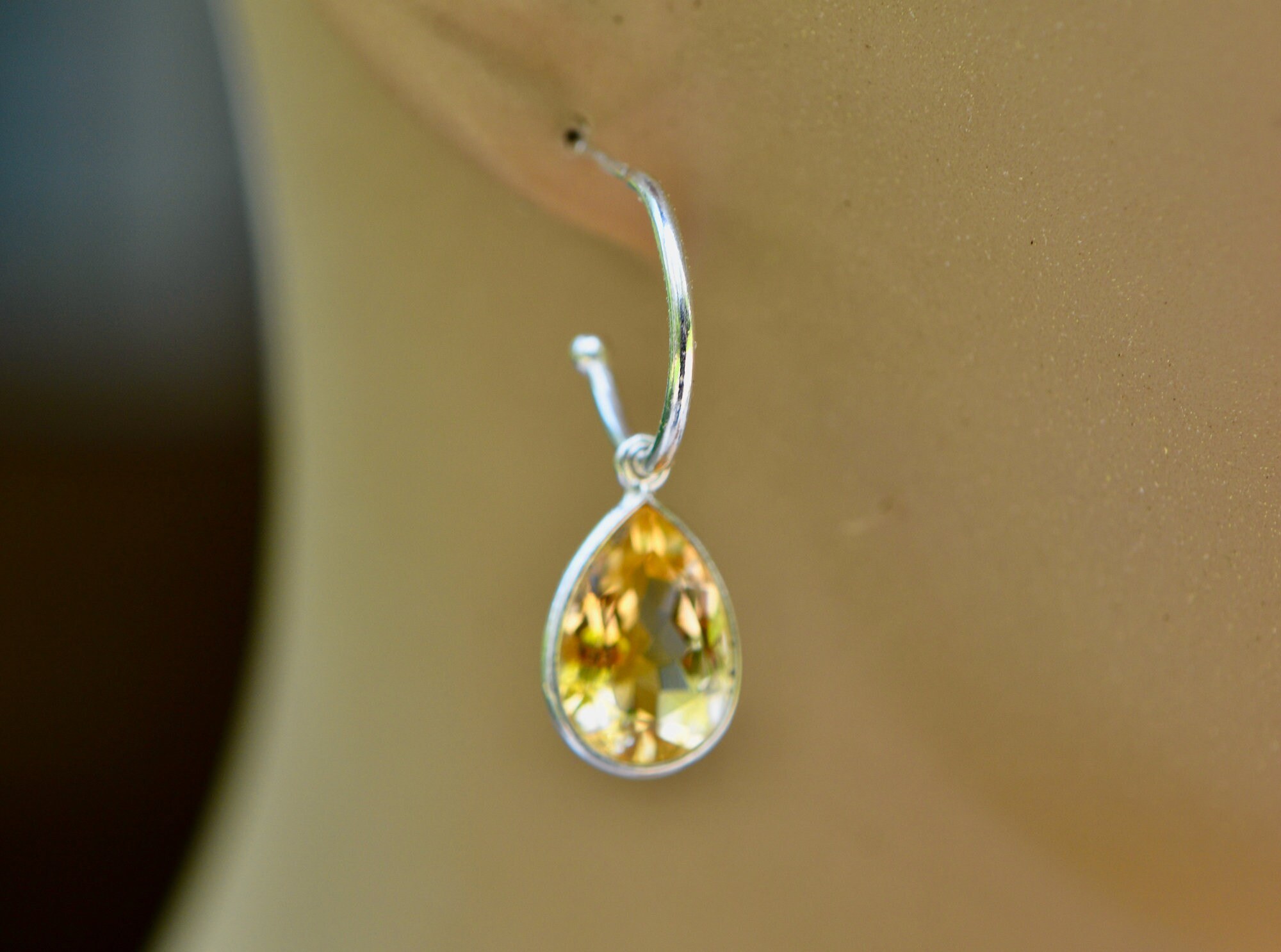 Citrine Teardrop Sterling Silver Hoop Earrings: Convertible November Birthstone Drops