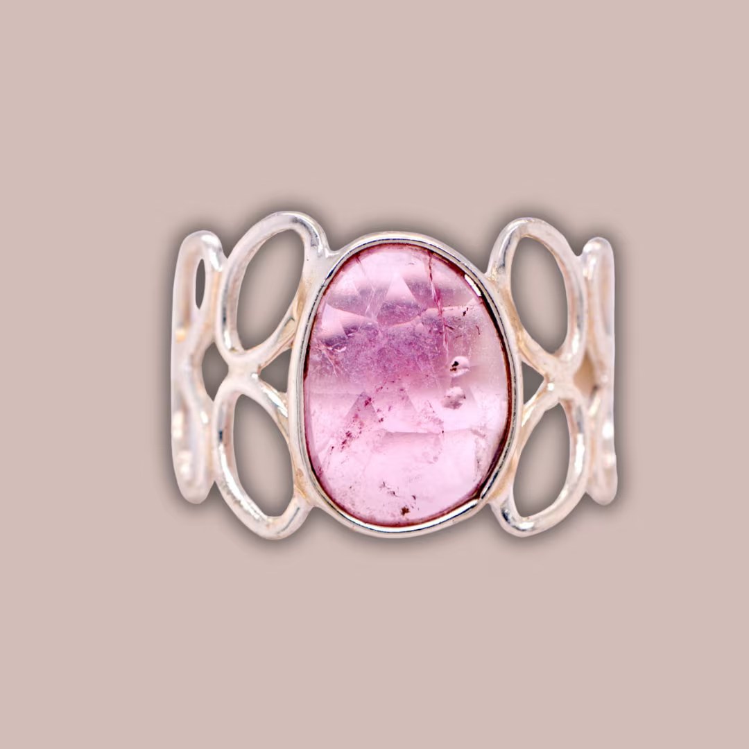 Pink Tourmaline Wide Band Ring Sterling Silver : October Birthstone Statement Jewelry