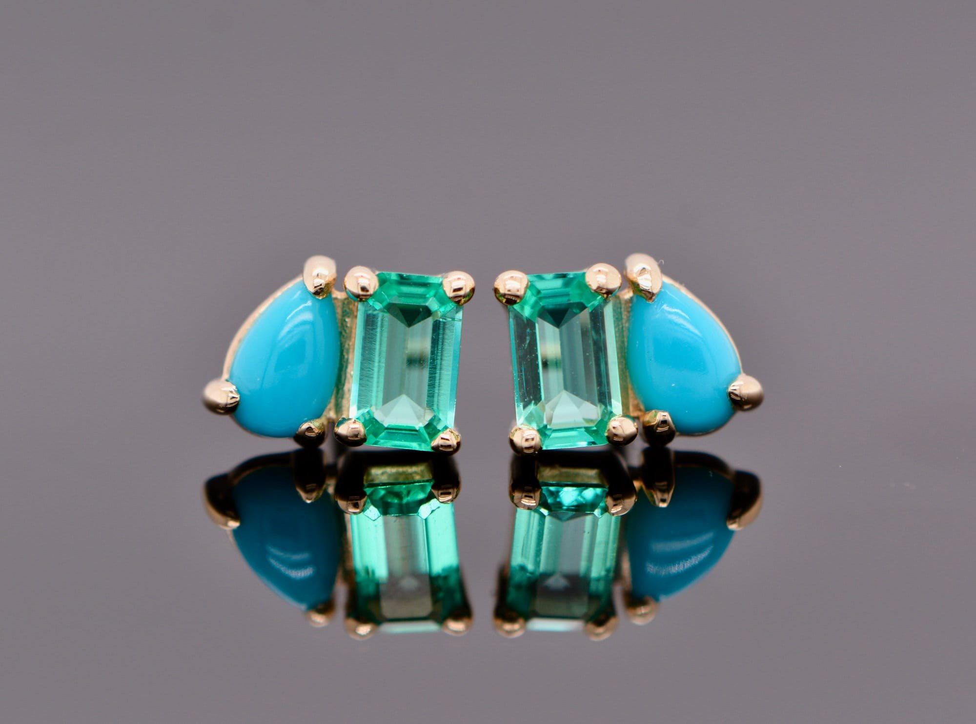 Turquoise & Lab Emerald 14k Gold Stud Earrings: May December Birthstone Studs