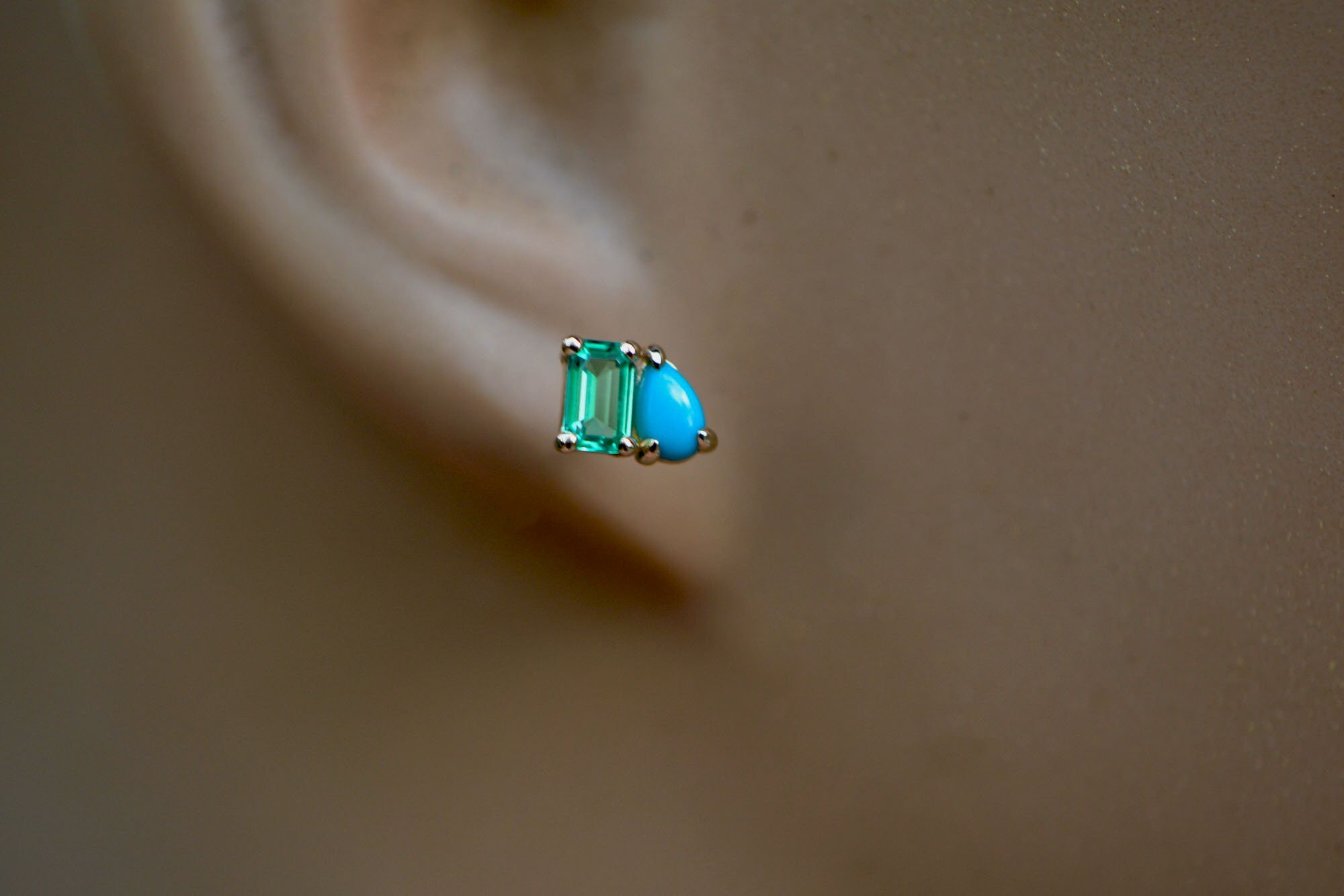 Turquoise & Lab Emerald 14k Gold Stud Earrings: May December Birthstone Studs, detail view