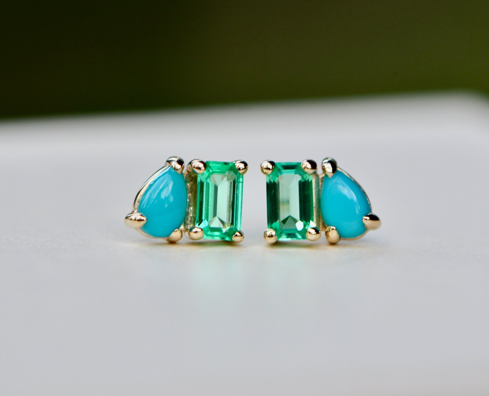 Turquoise & Lab Emerald 14k Gold Stud Earrings: May December Birthstone Studs, detail view