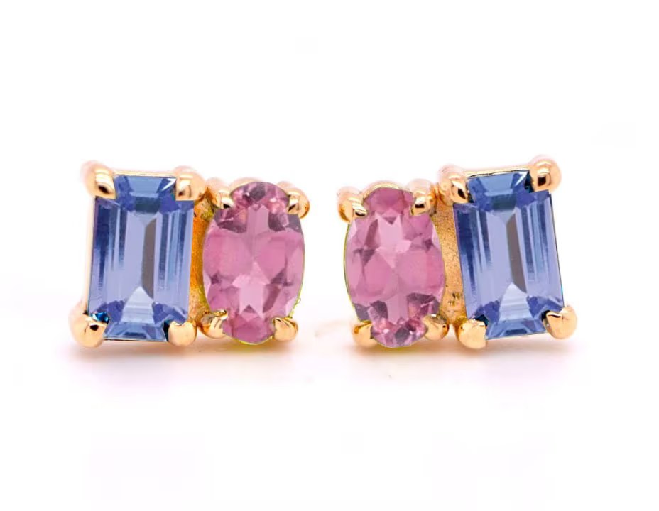 Natural Tanzanite and Pink Tourmaline Stud Earrings Solid 14k Gold : October December Birthstone Jewelry