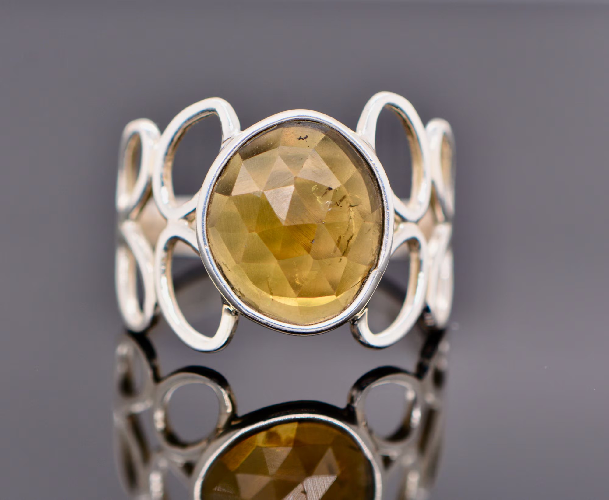 Olive Green Tourmaline Wide Band Ring Sterling Silver : October Birthstone Statement Jewelry