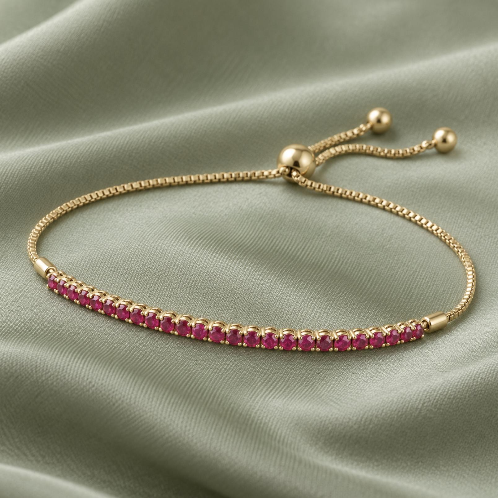 Ruby AAA Adjustable Bolo Bracelet Solid 14k Gold : 15th and 40th Anniversary Gift for Women
