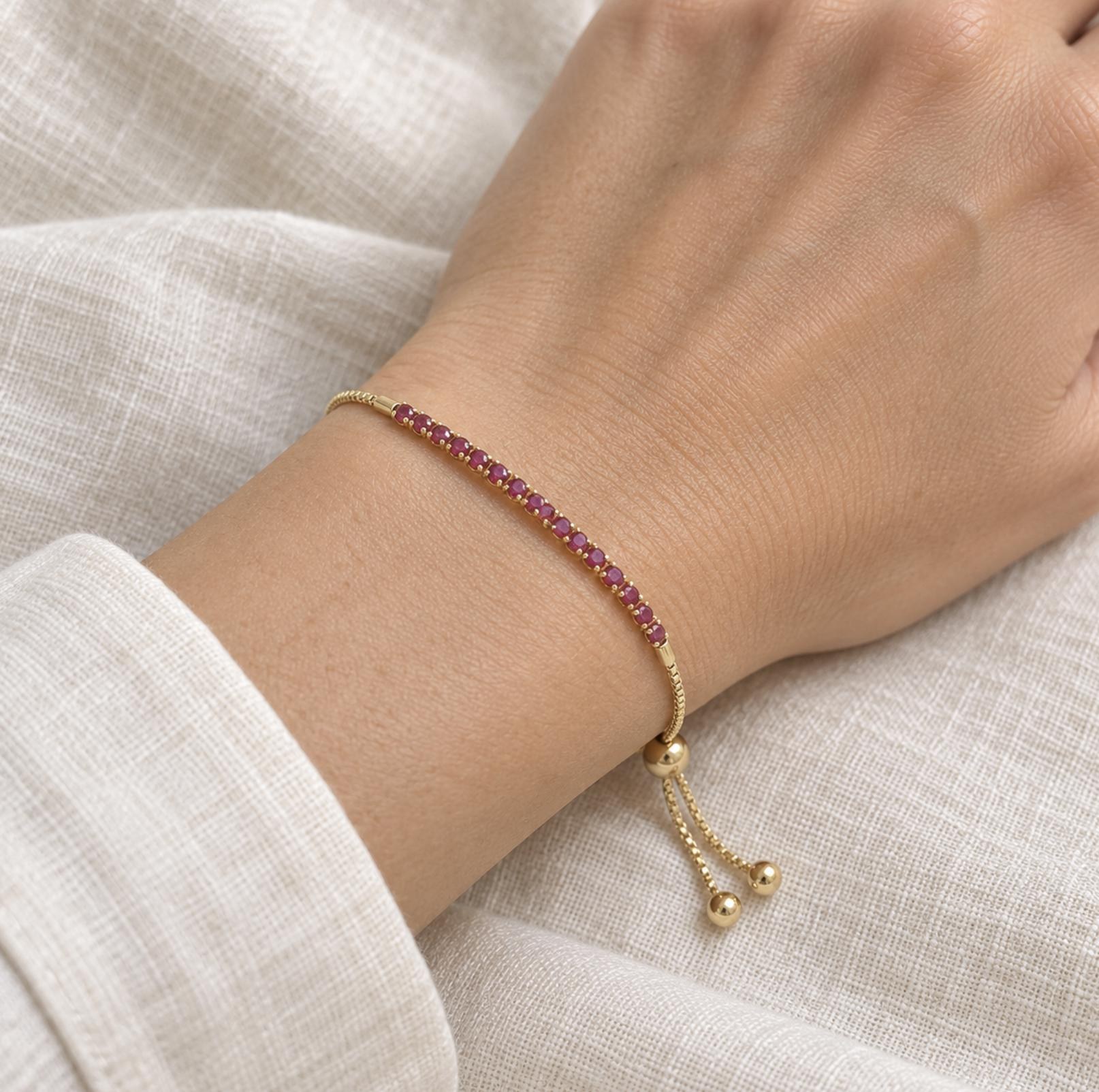Ruby AAA Adjustable Bolo Bracelet Solid 14k Gold : 15th and 40th Anniversary Gift for Women, worn view