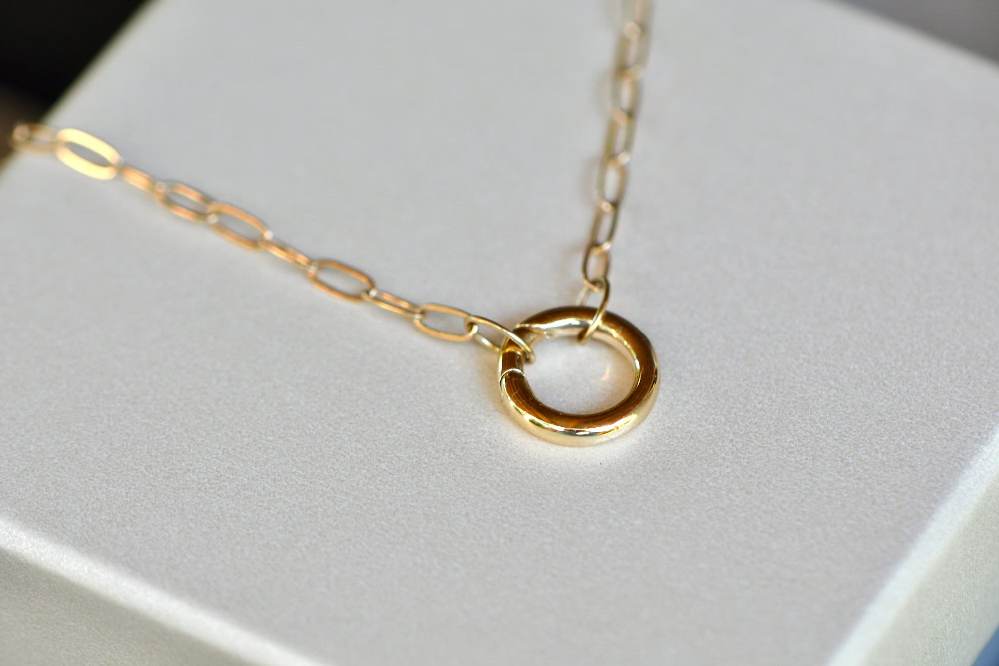 Interchangeable Circle Charm Paperclip Necklace Solid 14k Gold : Everyday Layering Necklace for Women