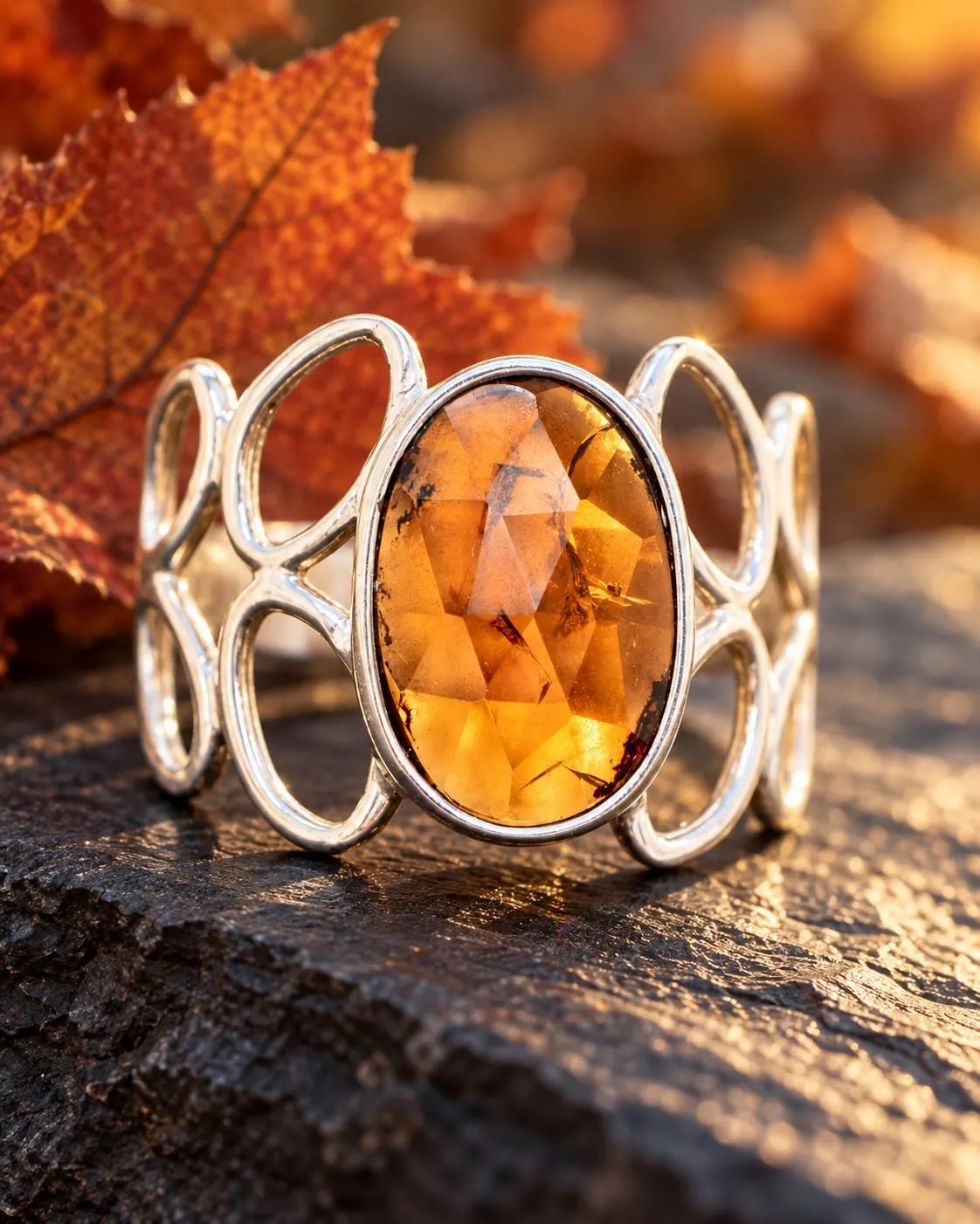 Golden Tourmaline Wide Band Ring Sterling Silver : October Birthstone Statement Ring