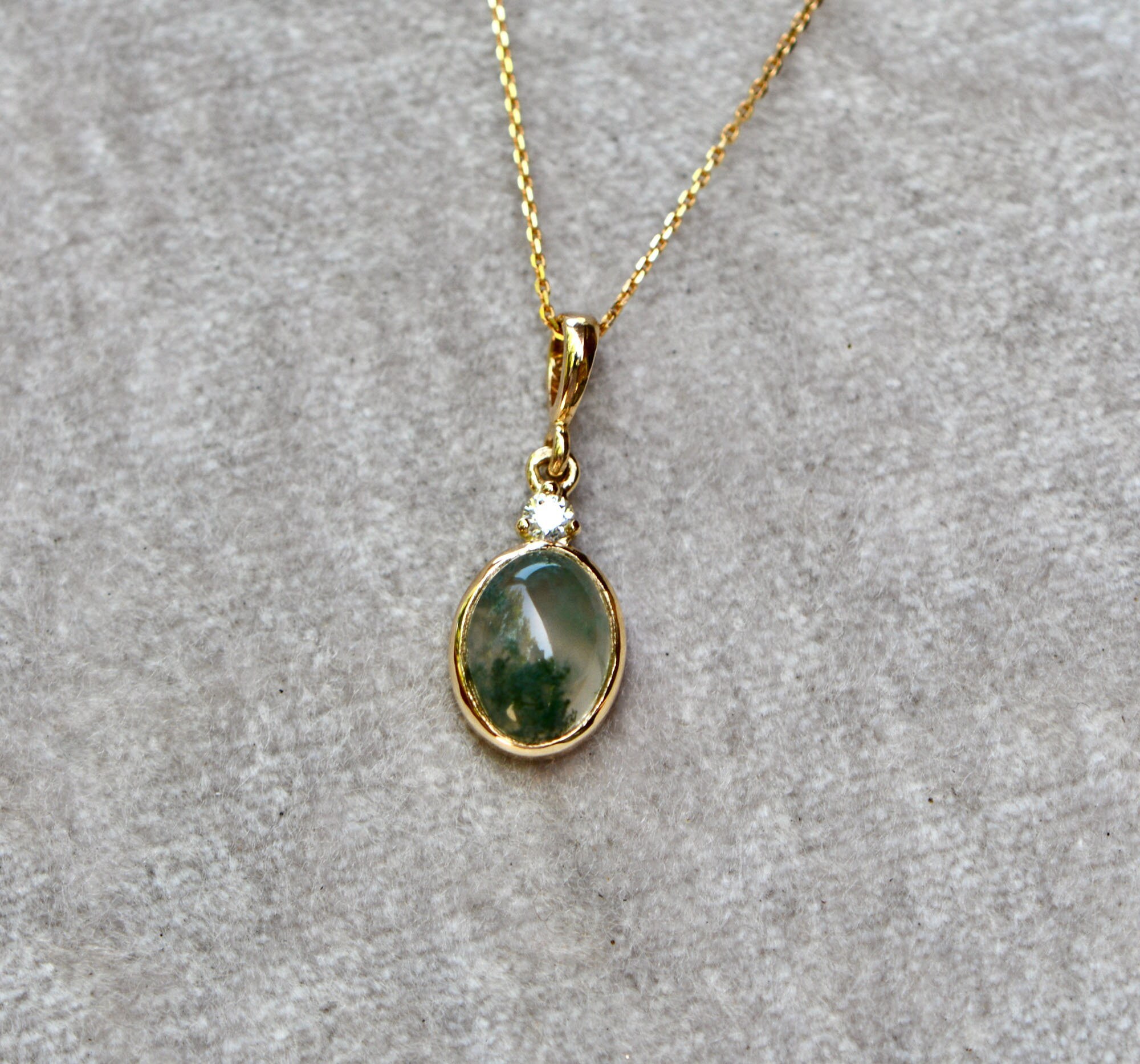 Moss Agate with Diamond 14k Gold Pendant Necklace : Unique Green Gemstone Jewelry, detail view