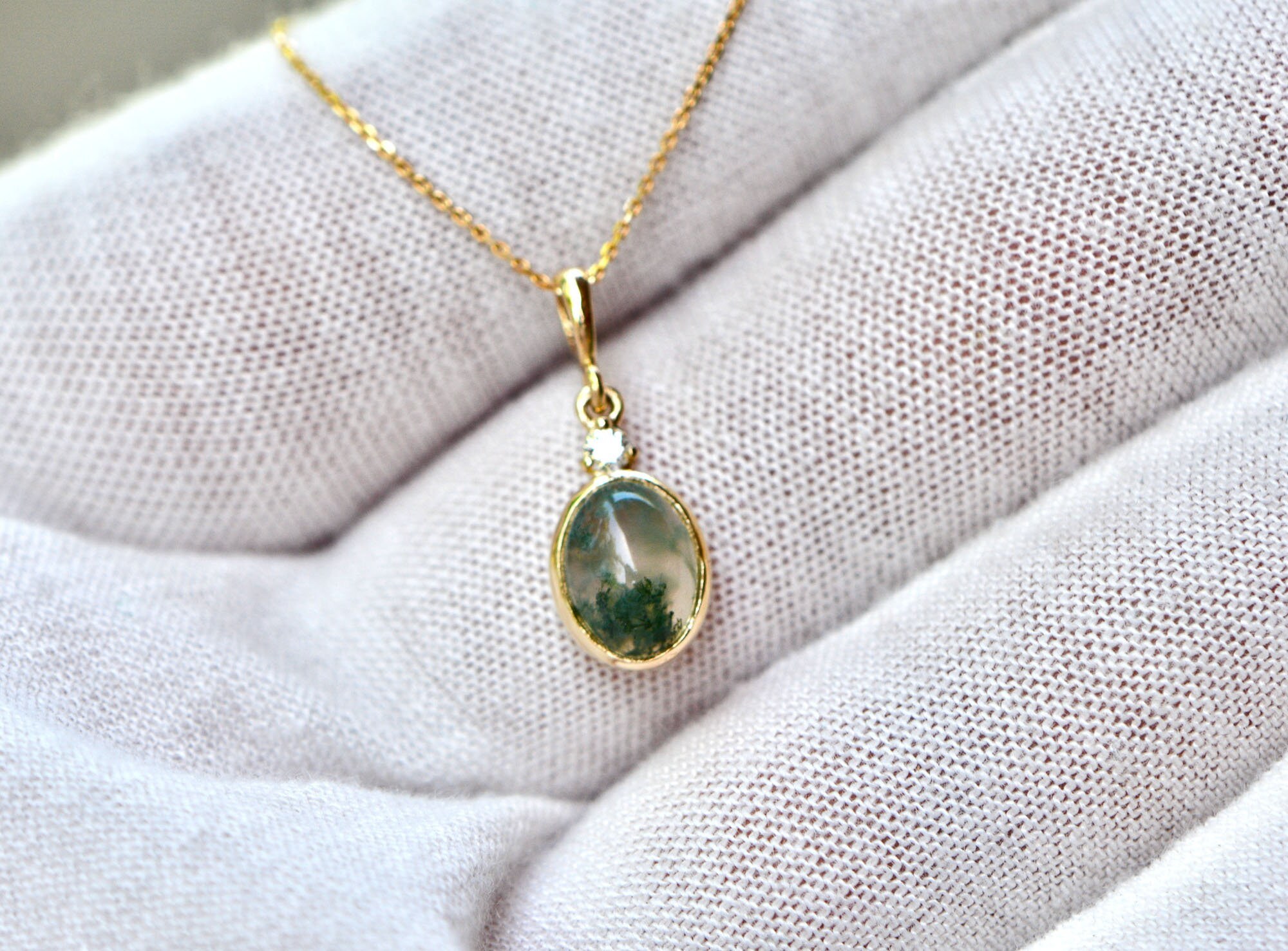 Moss Agate with Diamond 14k Gold Pendant Necklace : Unique Green Gemstone Jewelry, detail view