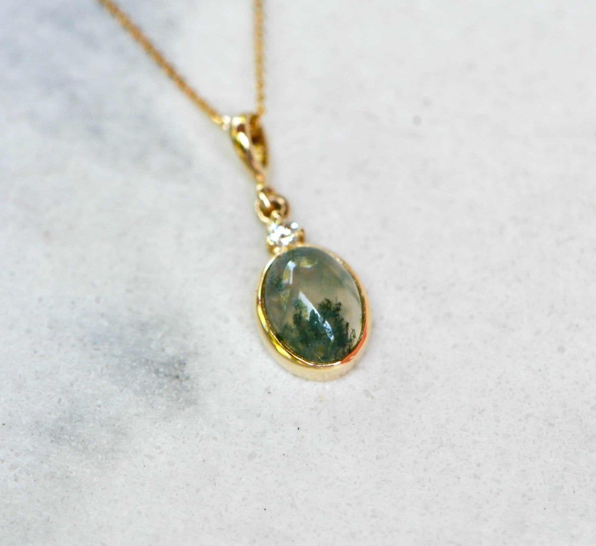 Moss Agate with Diamond 14k Gold Pendant Necklace : Unique Green Gemstone Jewelry