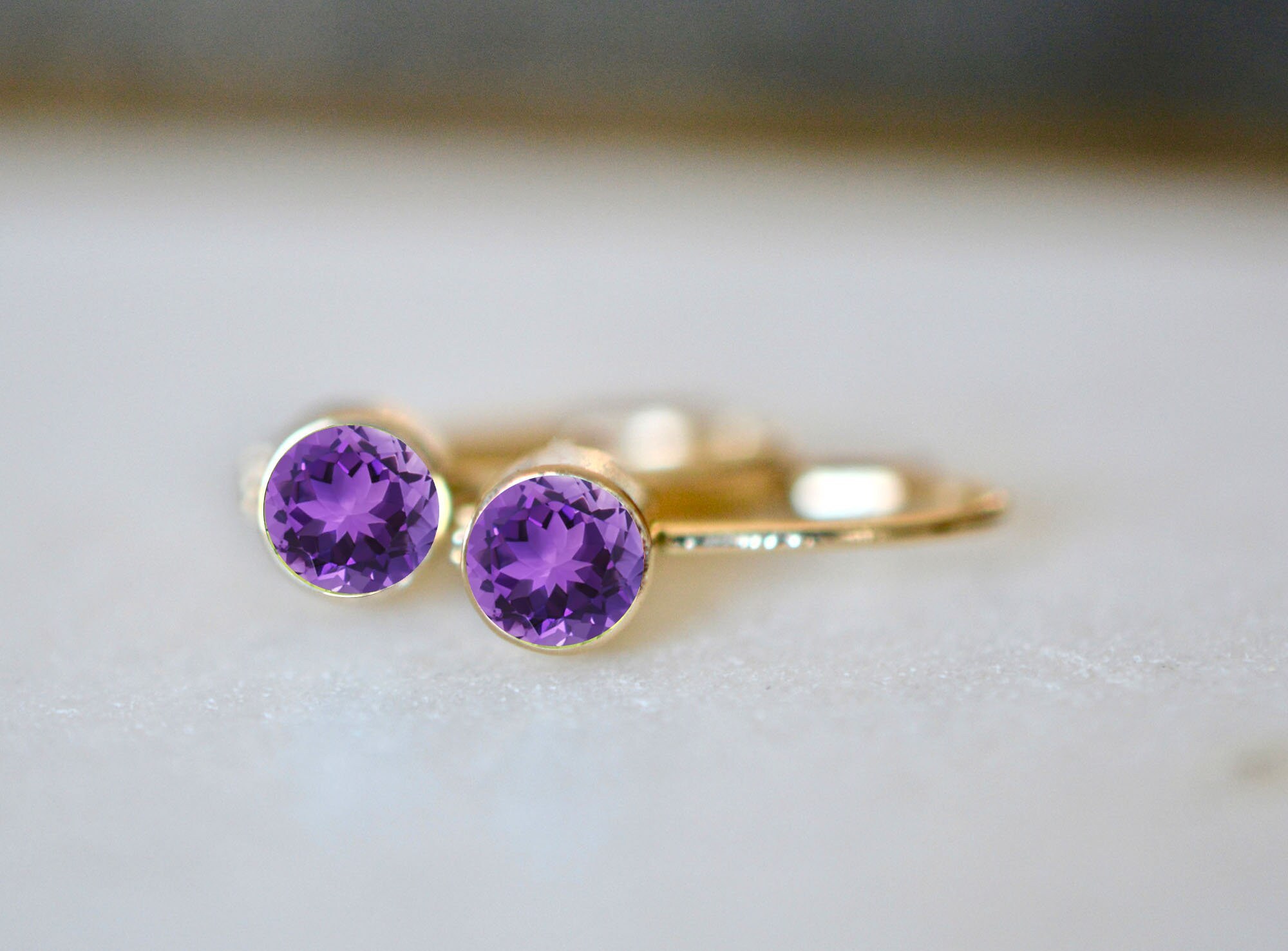 14kt Gold Amethyst Leverback Earrings: February Birthstone Drops