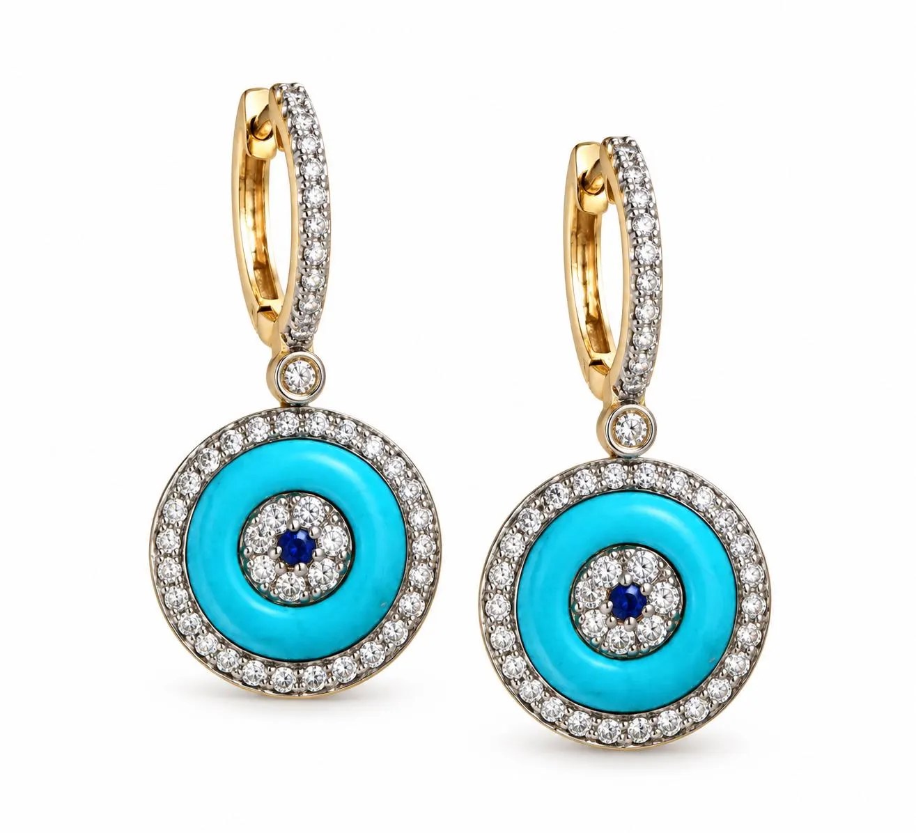 Turquoise Diamond Halo Earrings Solid 14k Gold with Sapphires : December Birthstone