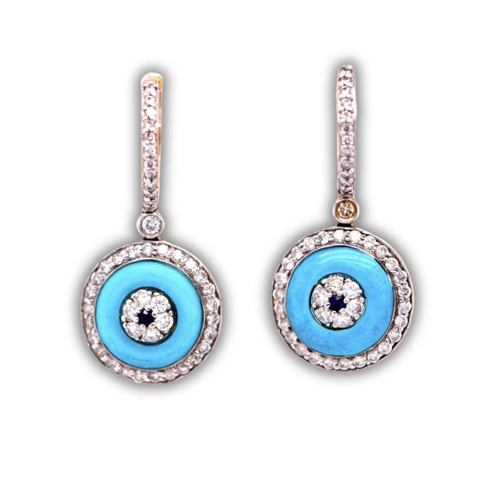 Turquoise Diamond Halo Earrings Solid 14k Gold with Sapphires : December Birthstone